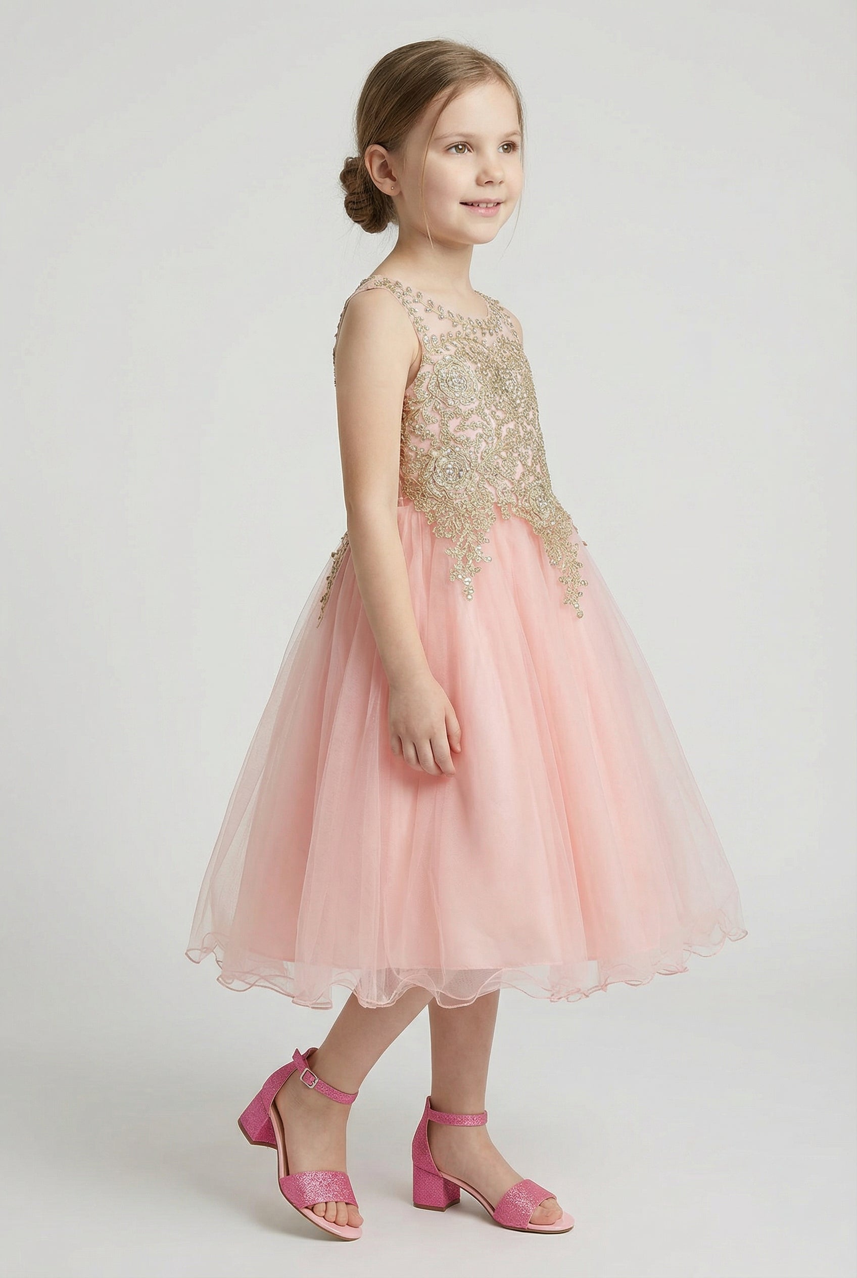 Girls Embroidered Tulle Dress with Illusion Neck - Linzi - Pink Side Picture