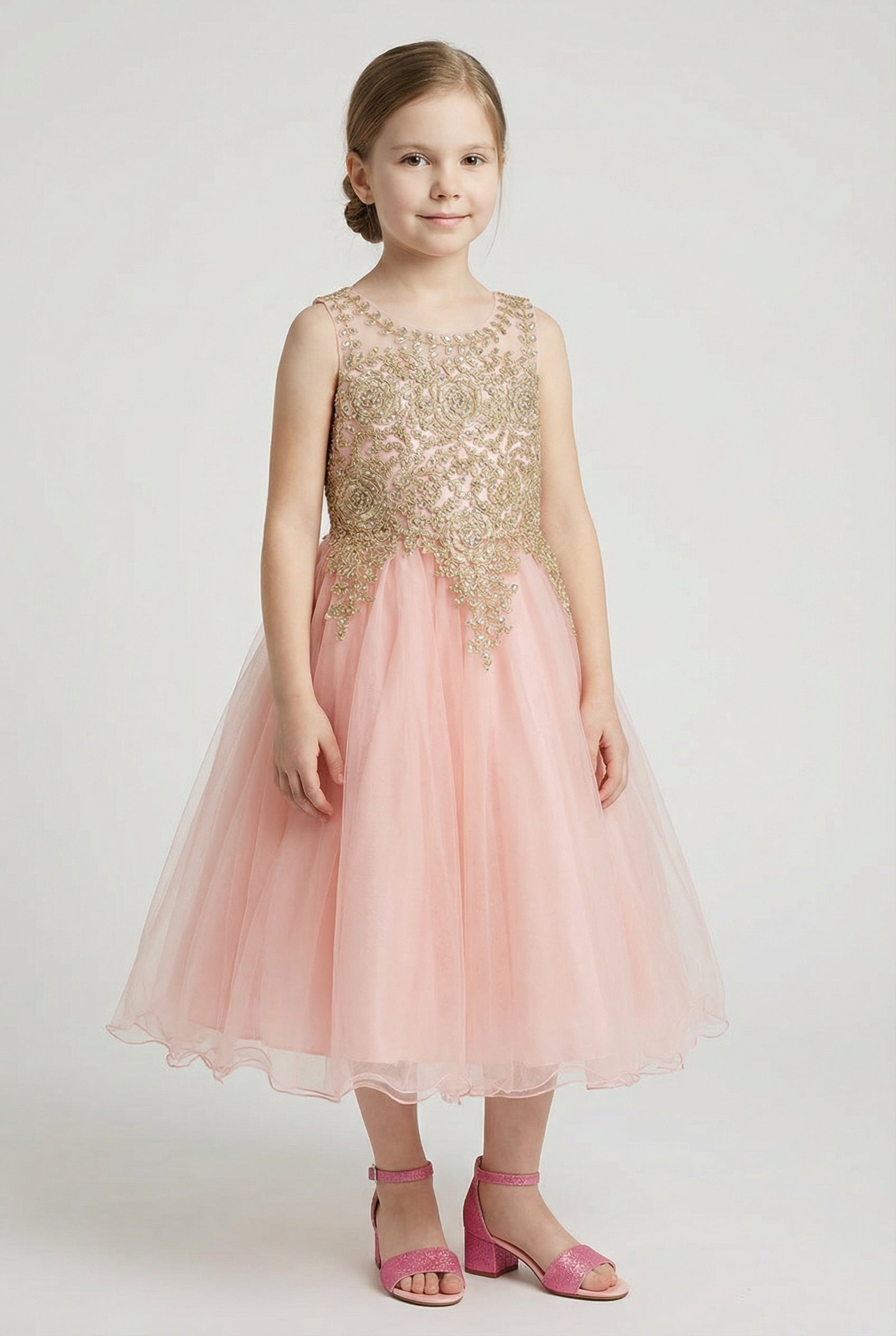 Girls Embroidered Tulle Dress with Illusion Neck - Linzi - Pink Model PICTURE