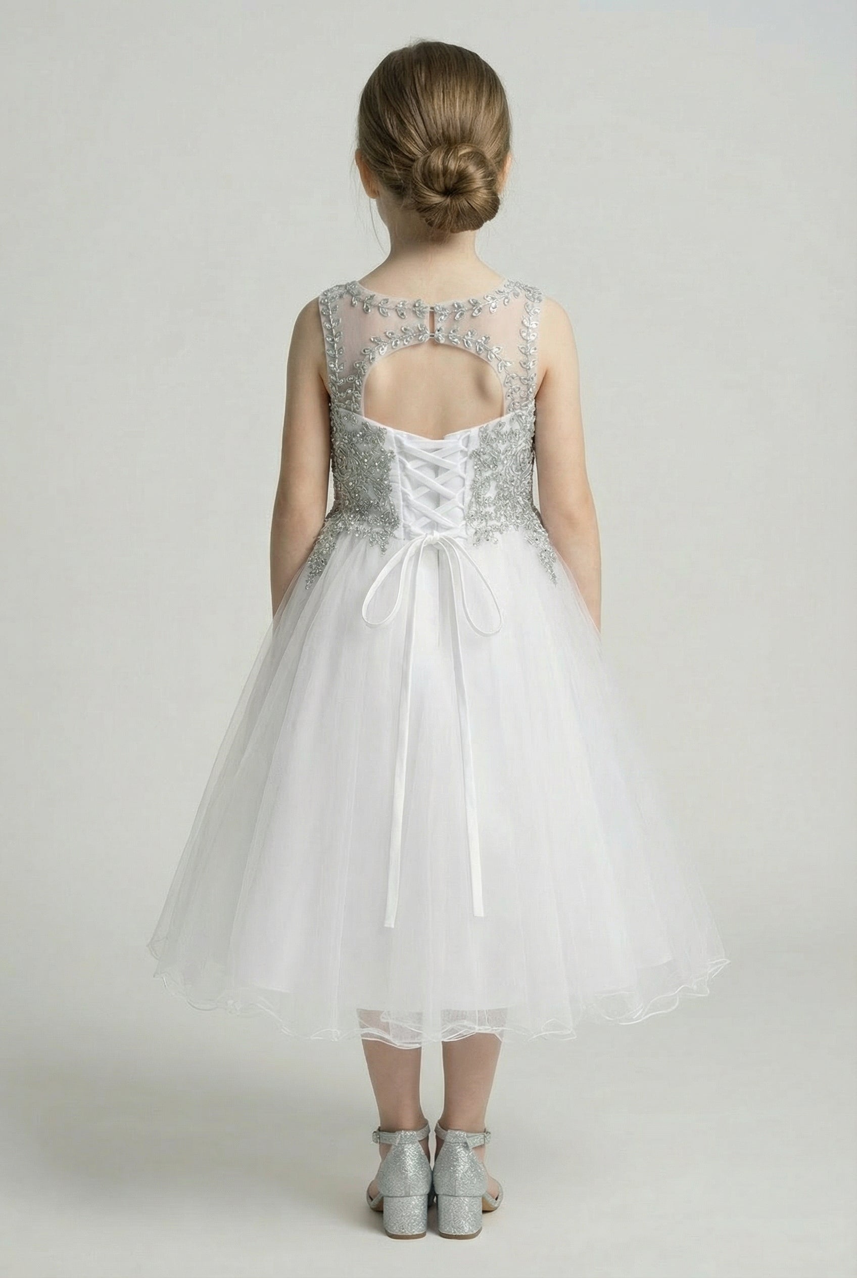 Girls Embroidered Tulle Dress with Illusion Neck - Linzi - White & Silver Model Back Picture