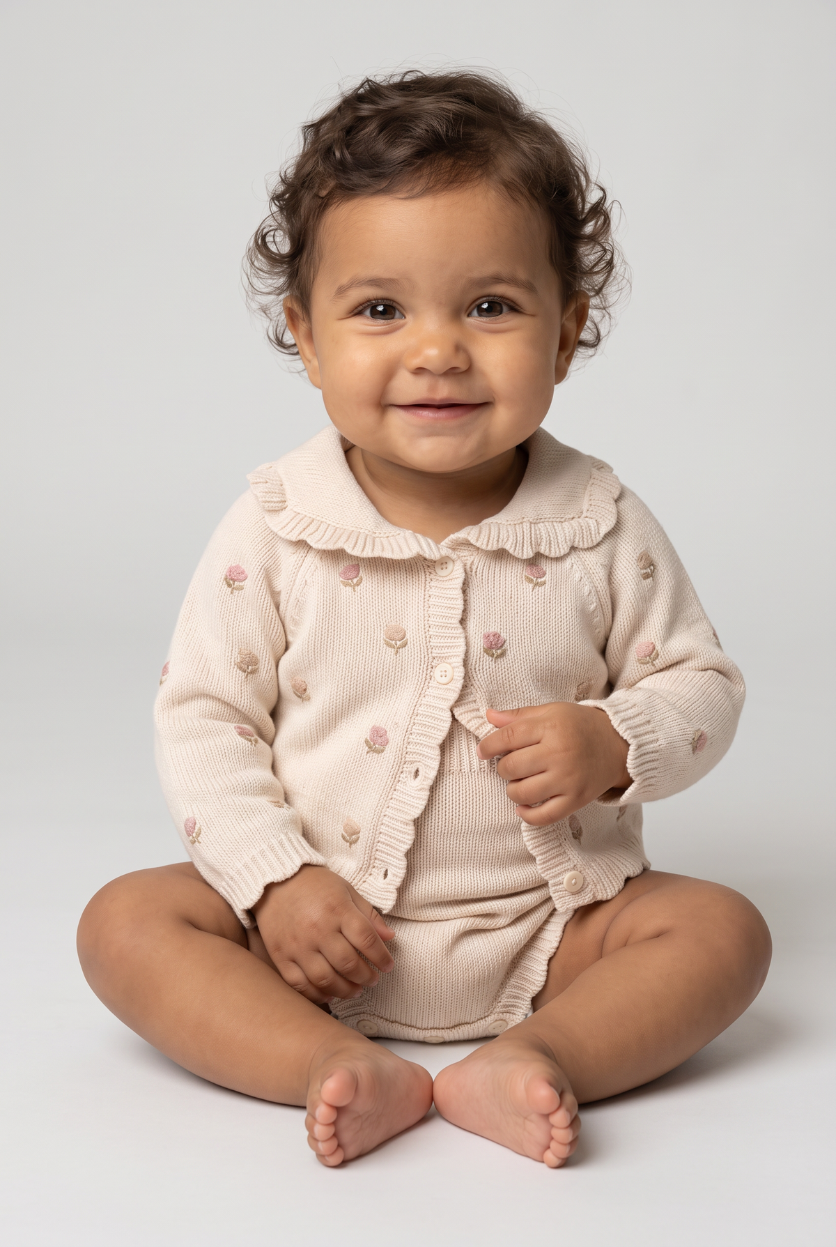 Girls Floral Knitted Cardigan & Romper 2-Piece Set - 2640 - Ivory Model Picture