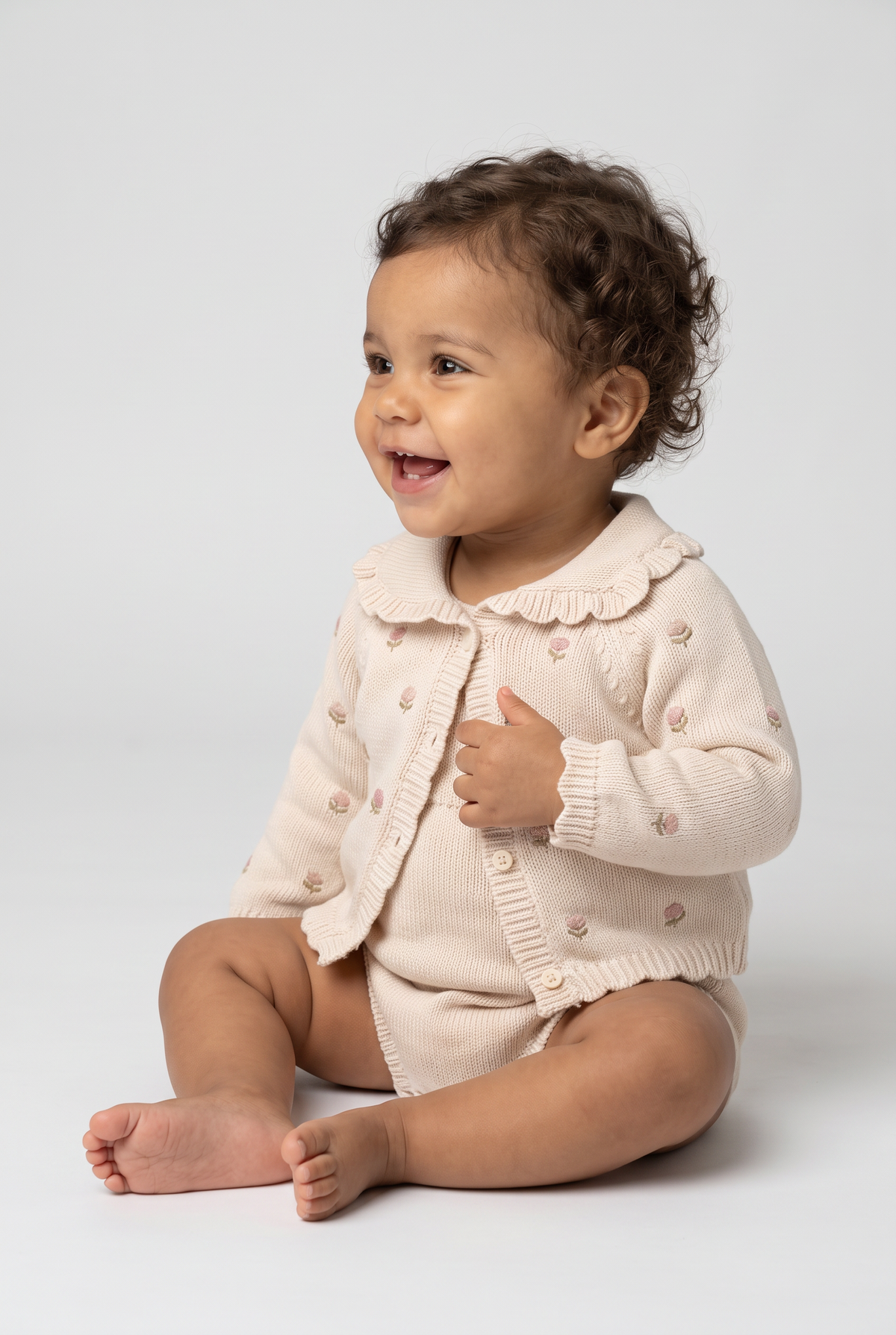 Girls Floral Knitted Cardigan & Romper 2-Piece Set - 2640 - Ivory Side Picture
