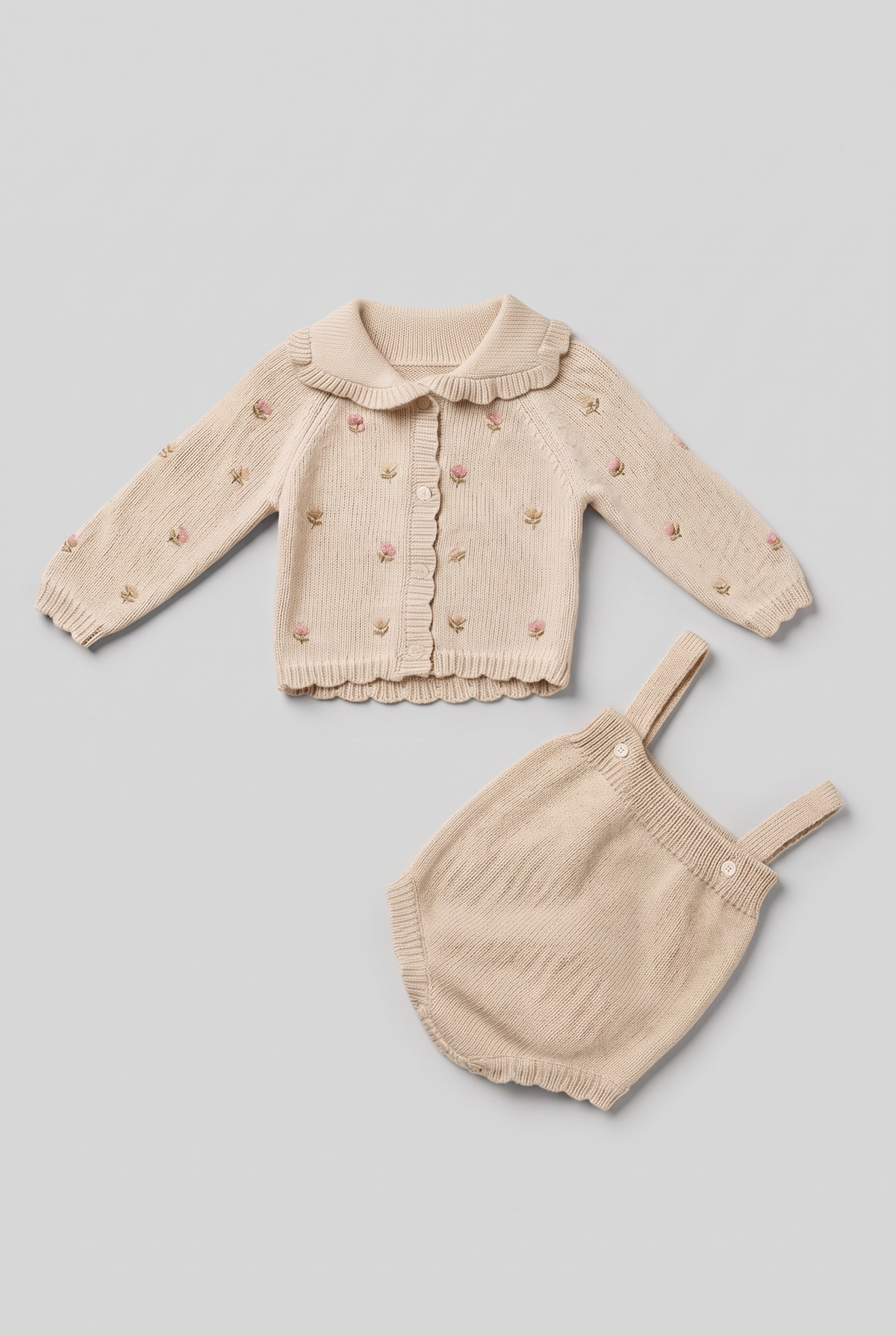 Girls Floral Knitted Cardigan & Romper 2-Piece Set - Sevva - 2640 - Sand Beige 