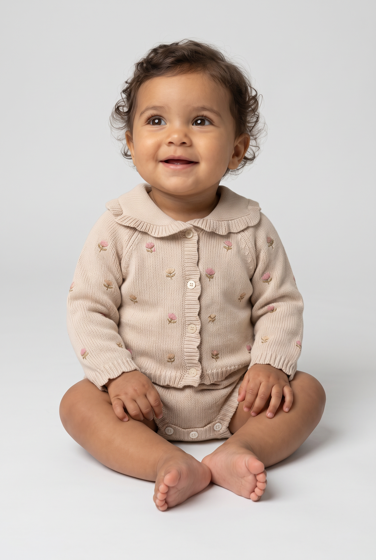 Girls Floral Knitted Cardigan & Romper 2-Piece Set - Sevva - 2640 - Sand Beige Model Picture