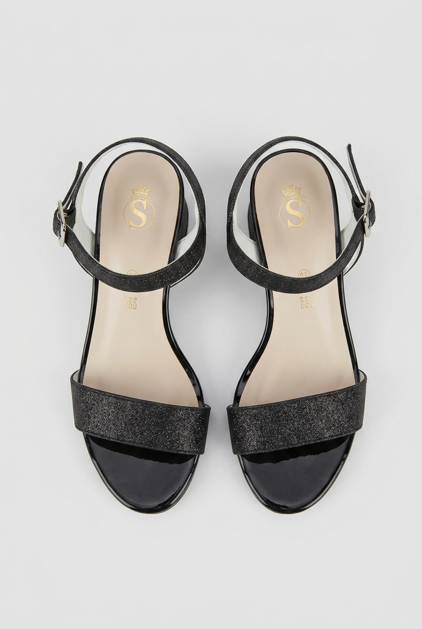 Girls Glitter Block Heel Sandals - Black Front Picture