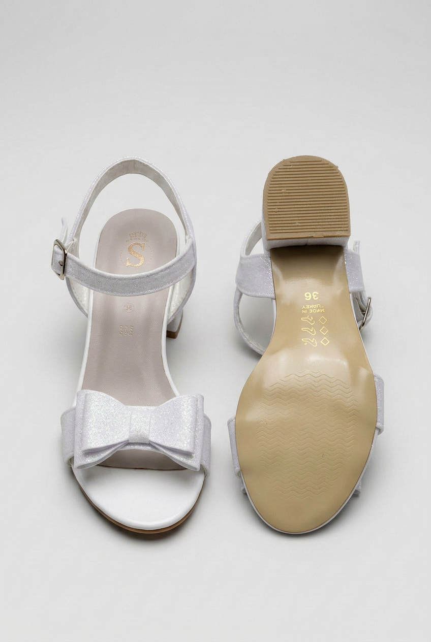 Girls Glitter Bow Block Heel Sandals - Pearl White