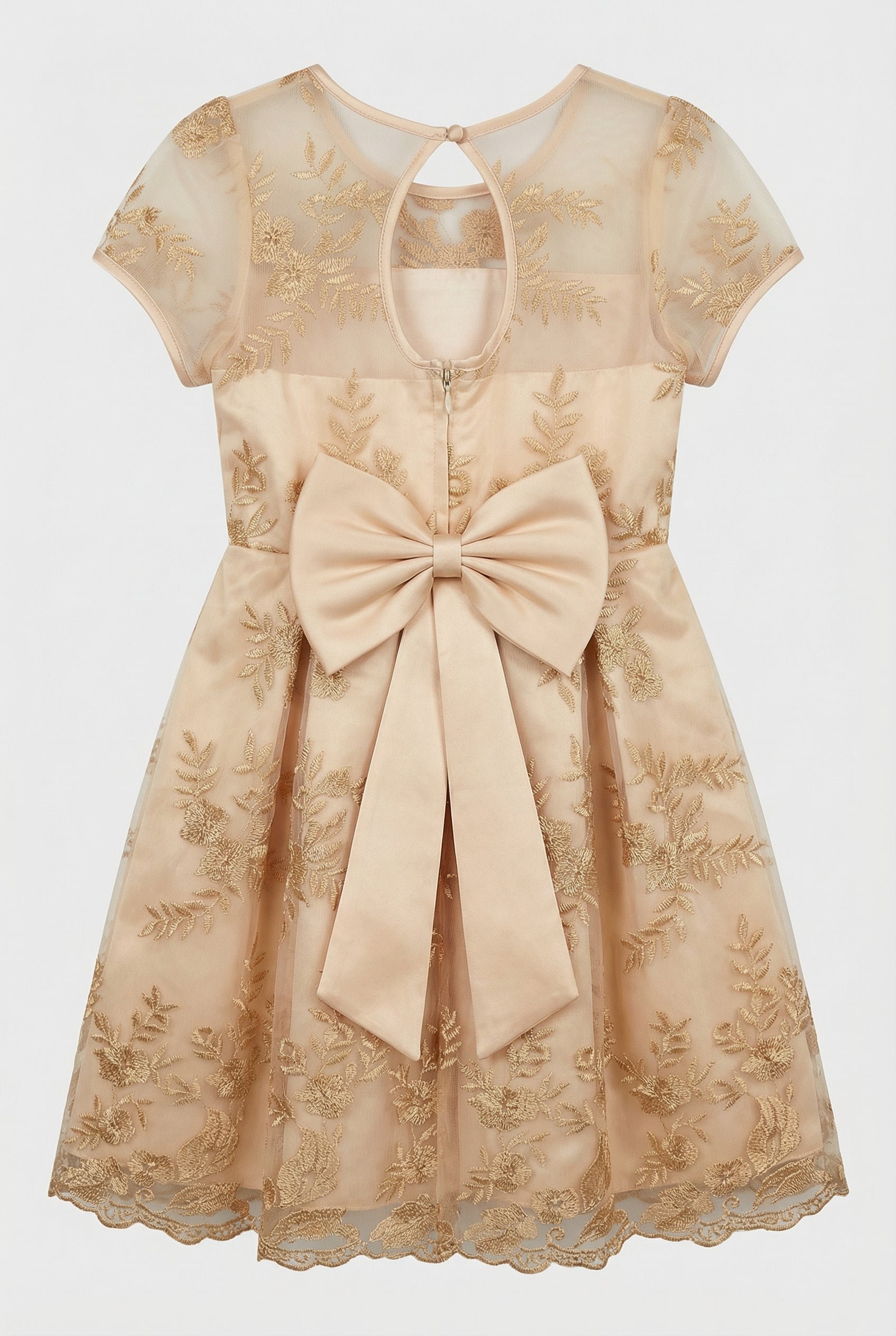 Girls Gold Embroidered Dress with Back Bow - Ava Gold Back Picture