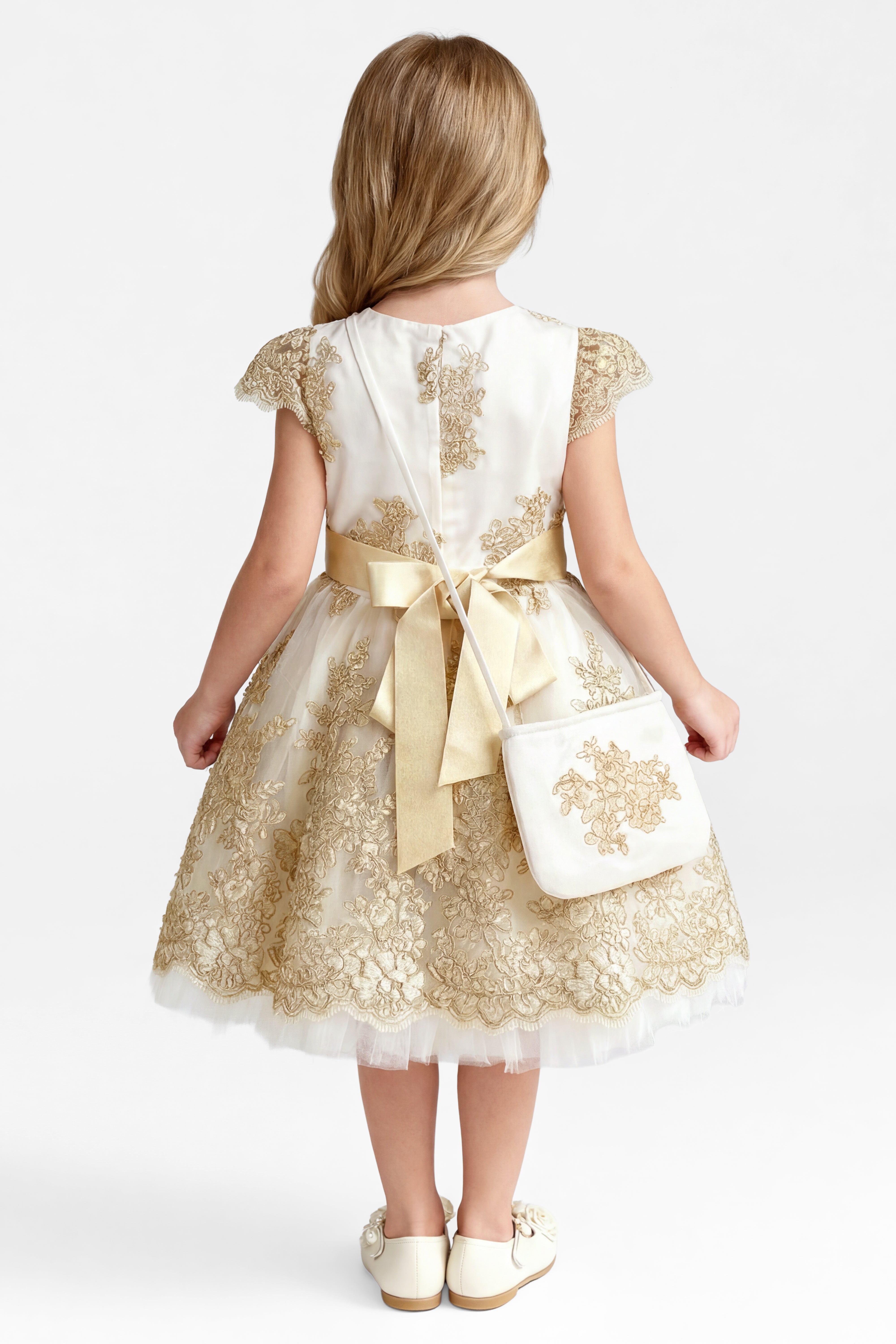 Girls Gold Lace Dress & Bag Set - Ivory Back picture