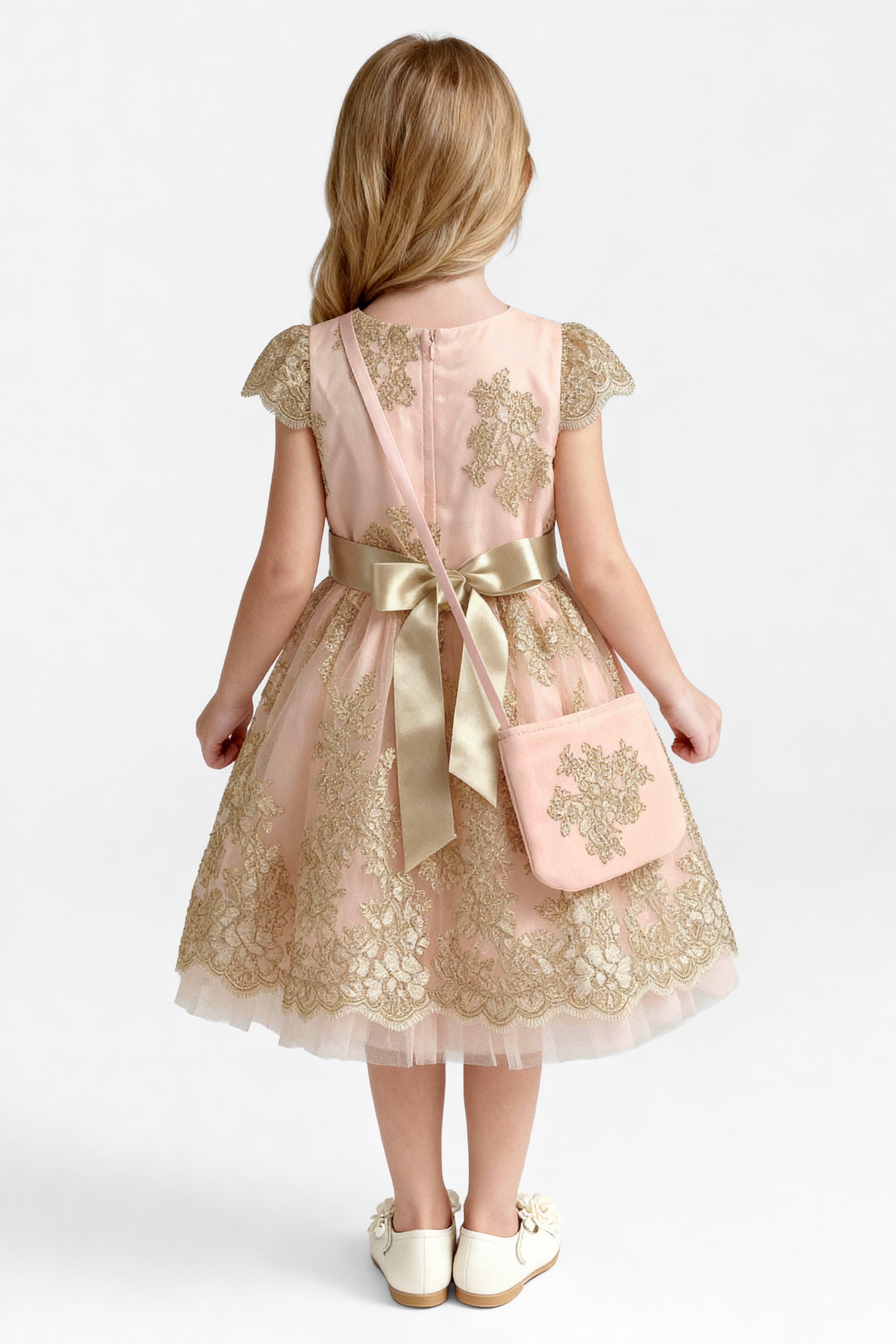 Girls Gold Lace Dress & Bag Set - Peach Modle Back Picture