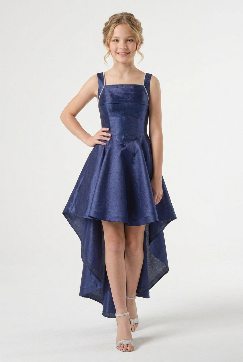 Girls High-Low Party Dress with Chain Back -Navy