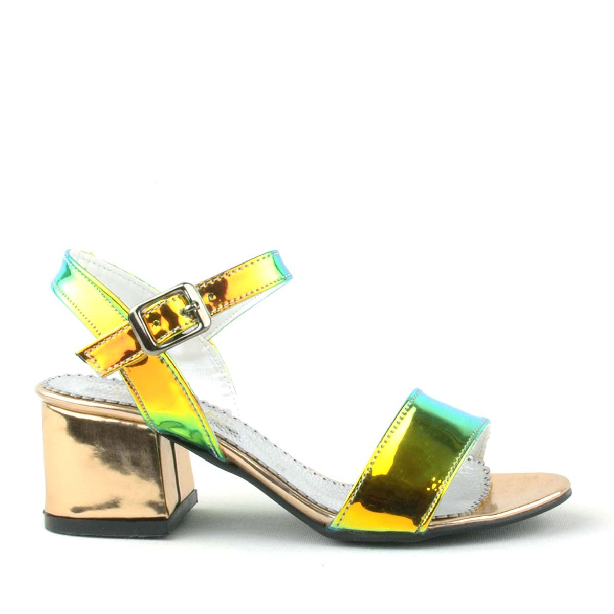 Sandales à talons blocs métalliques holographiques pour fille avec bride à la cheville - Poney - Or - Vert