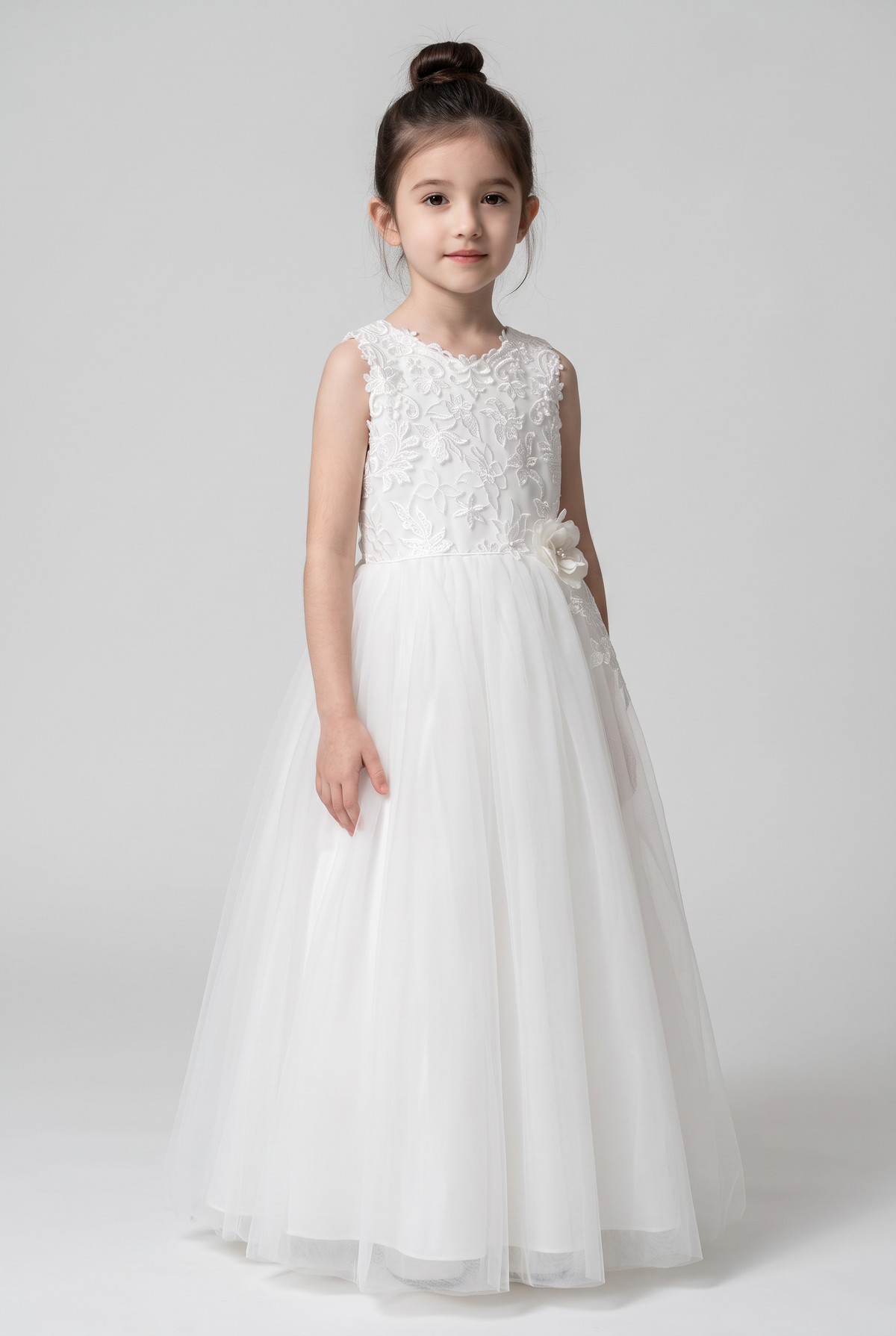 Girls Ivory Floral Lace Tulle Dress with Back Bow - Sevva Dua Model Picture