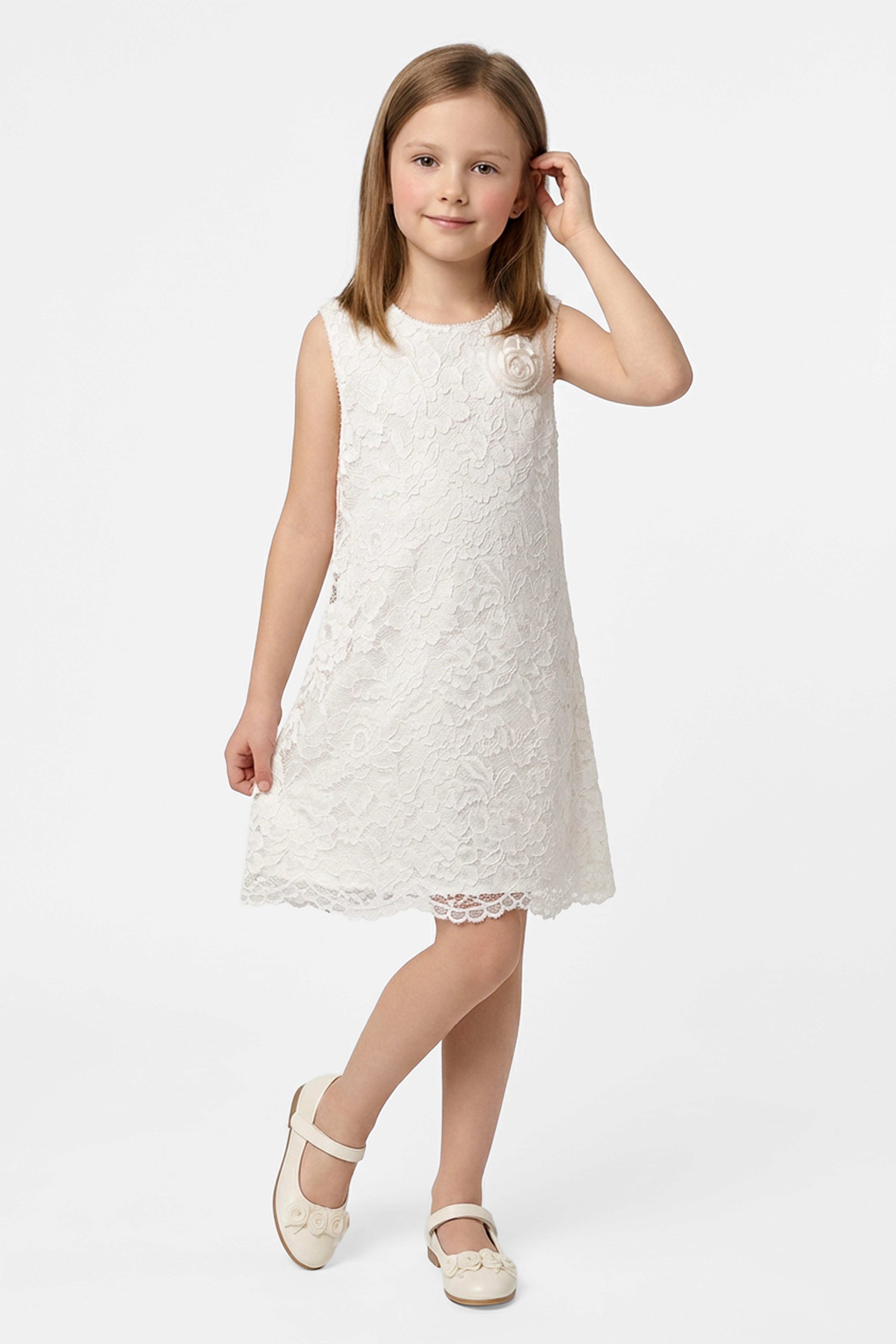 Girls Ivory Lace Dress with Satin Rosette