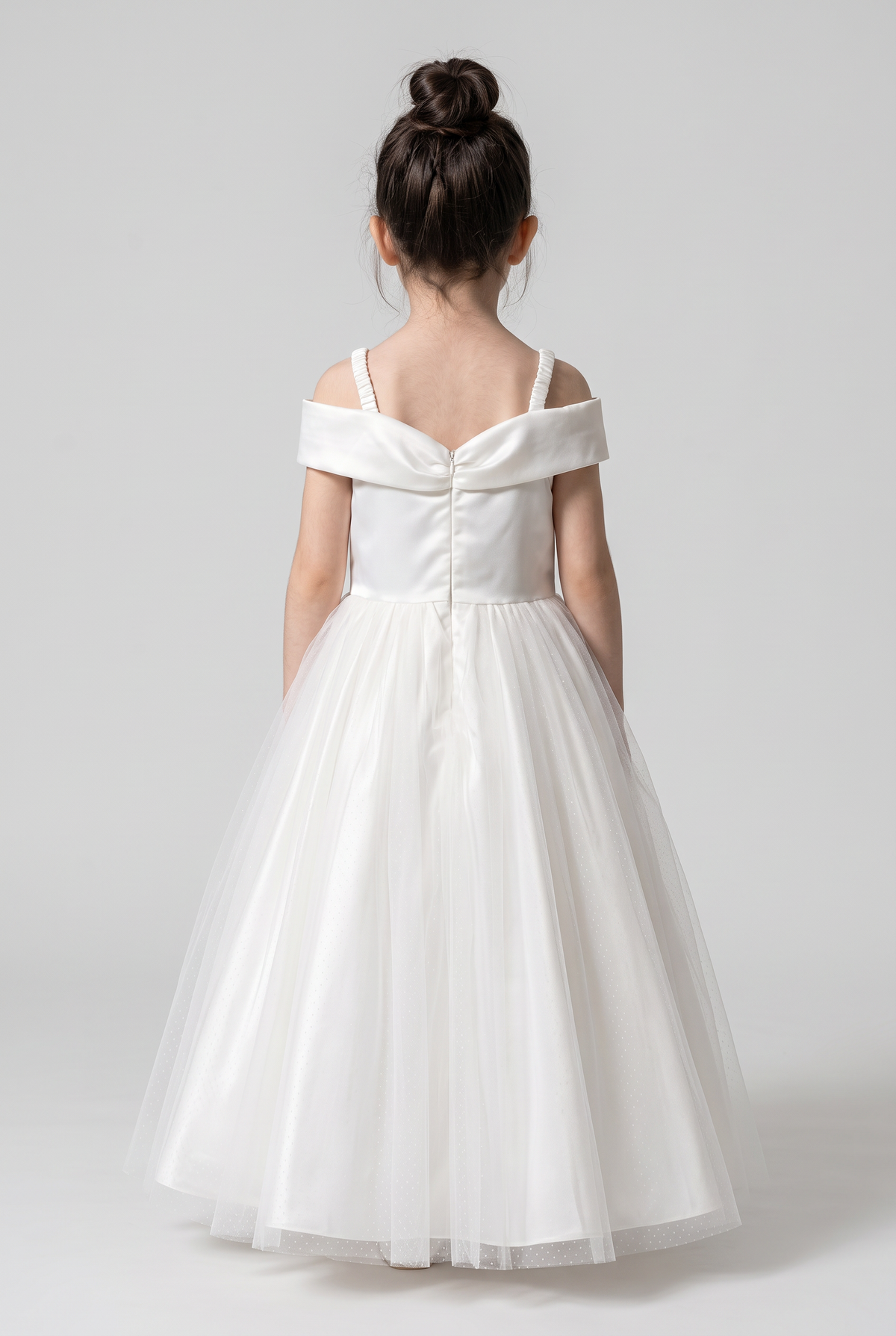 Girls Ivory Tulle Dress with Ruched Straps - Sevva Avery Model Back Picture