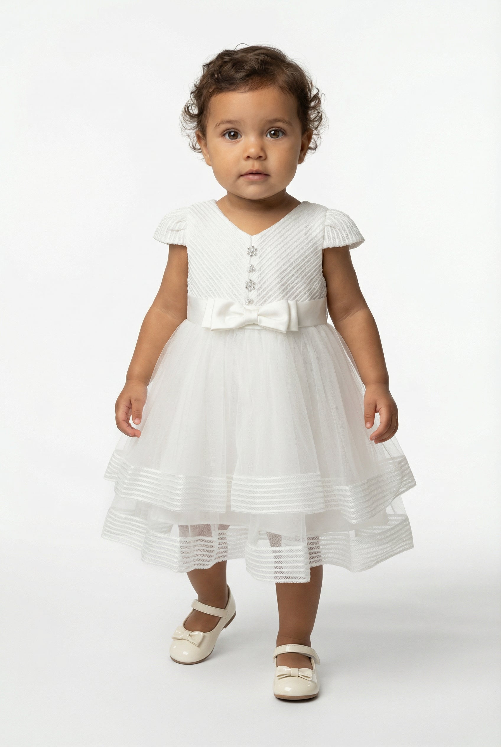 Girls Ivory Tulle Dress with Satin Bow Waist Model Picture
