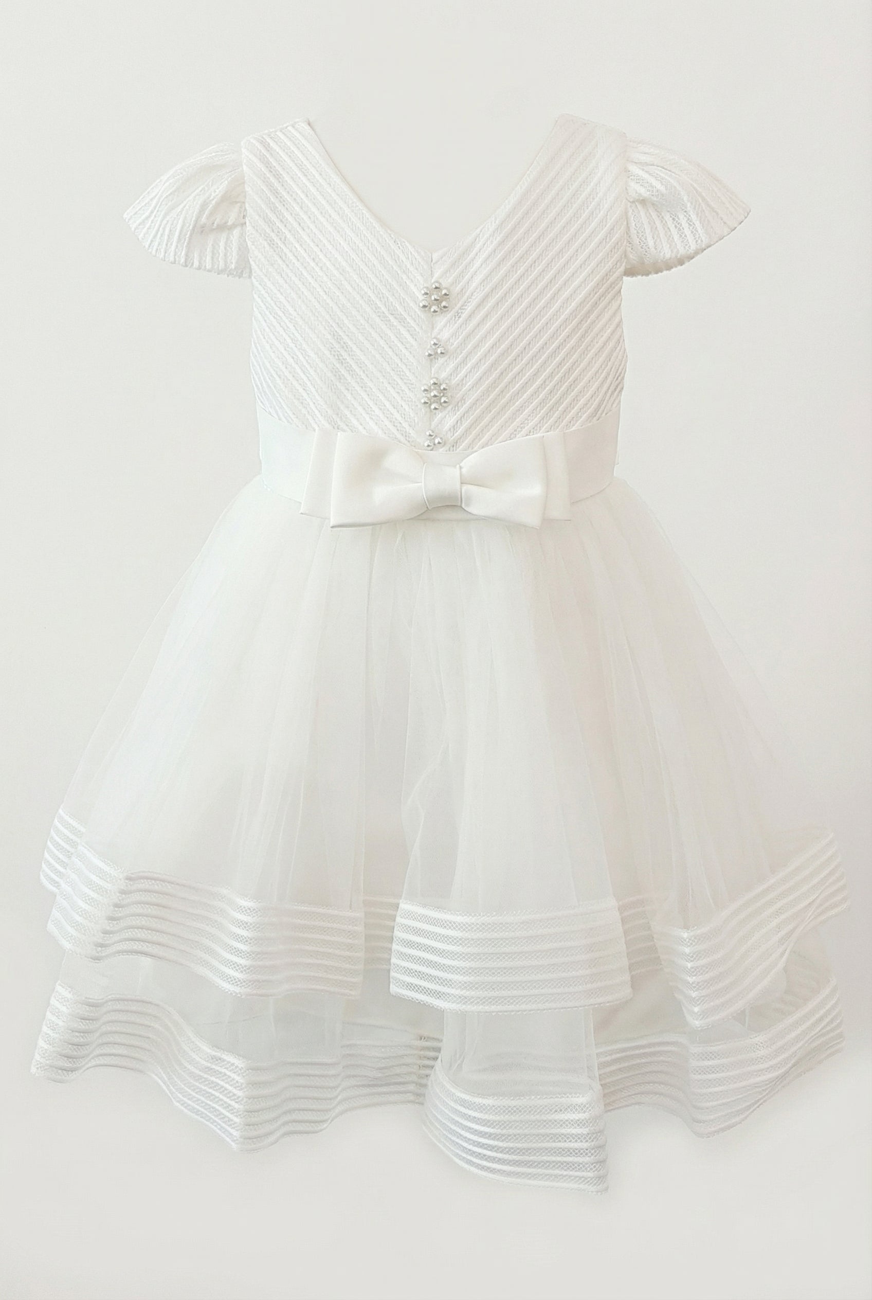Girls Ivory Tulle Dress with Satin Bow Waist Front Picture