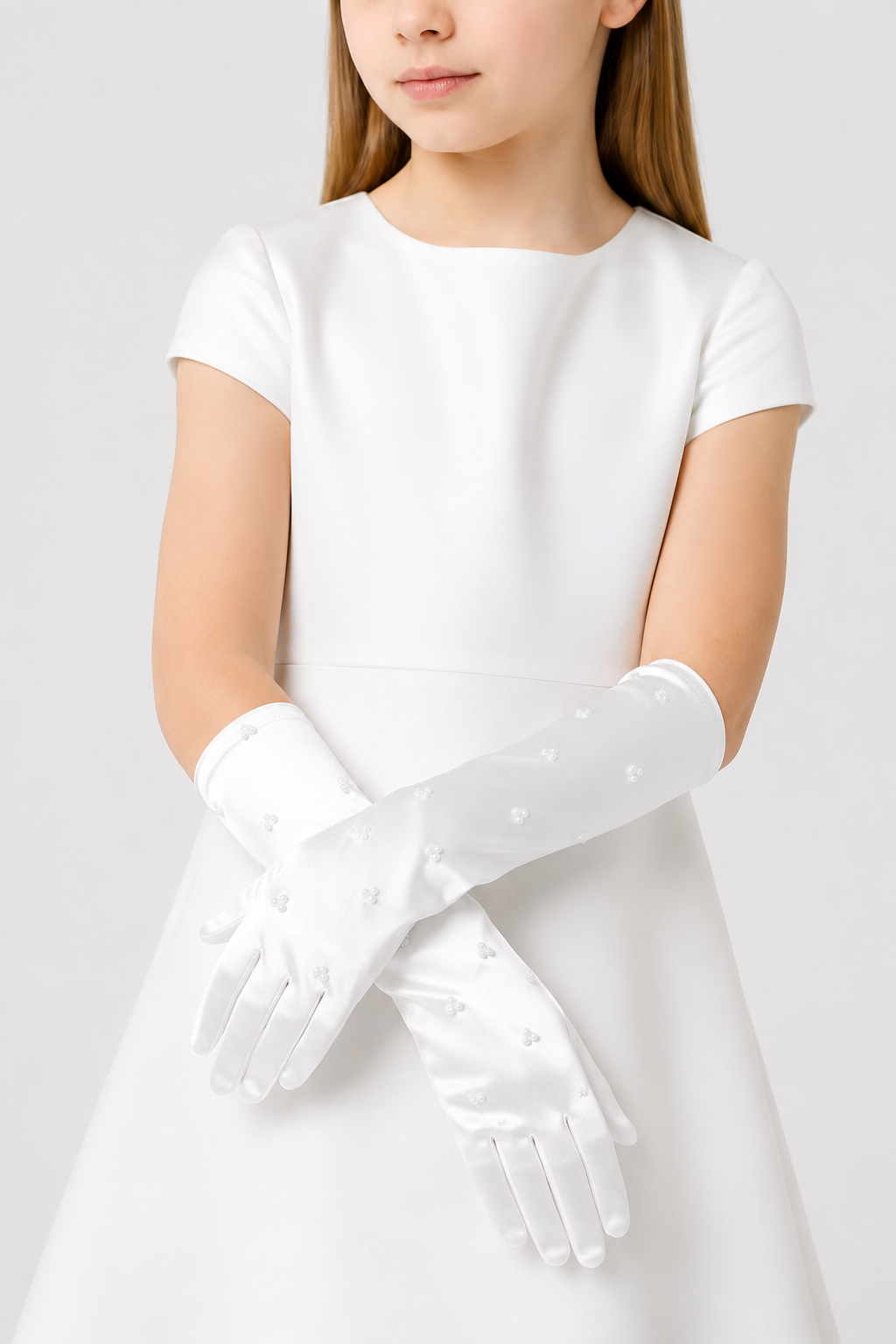 Girls Long Satin Pearl Embellished Formal Gloves - White