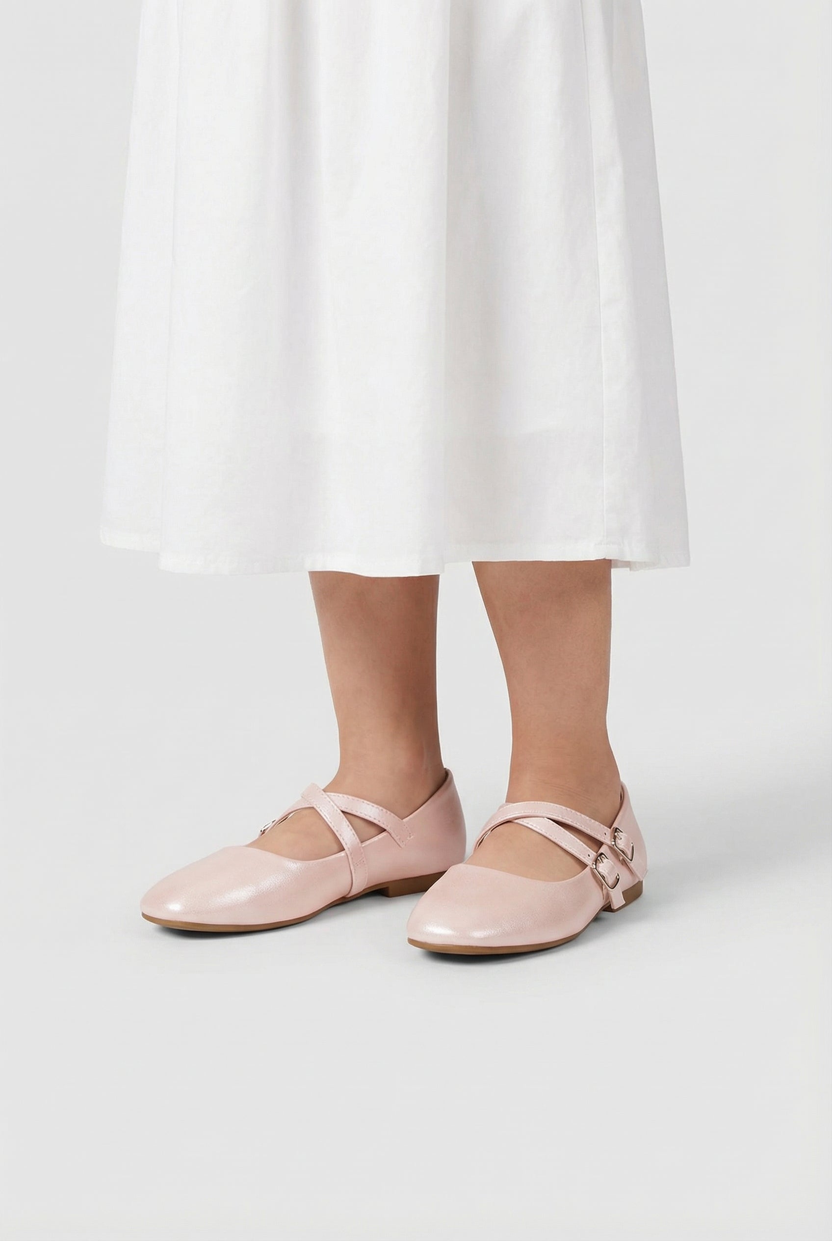 Girls Mary Jane Flat Shoes with Double Straps - Alyssa Pink Model Picture