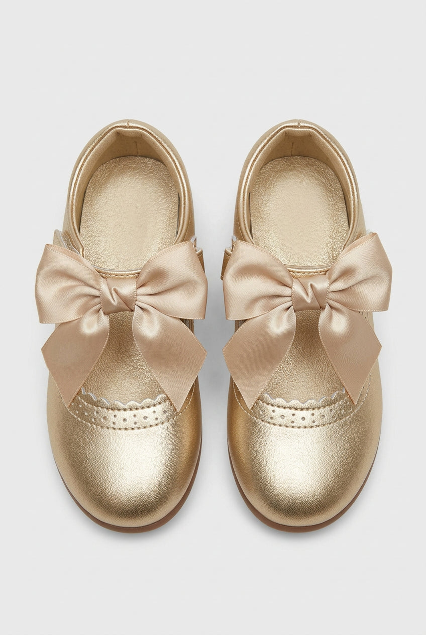 Girls Metallic Bow Mary Jane Shoes - Gold Front Picture