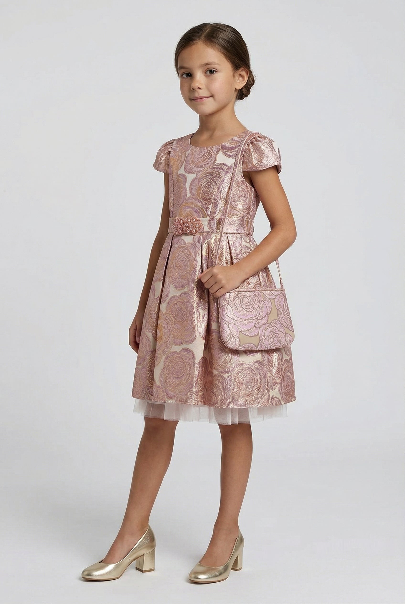 Girls Metallic Floral Brocade Dress Set - Lilac Front Picture