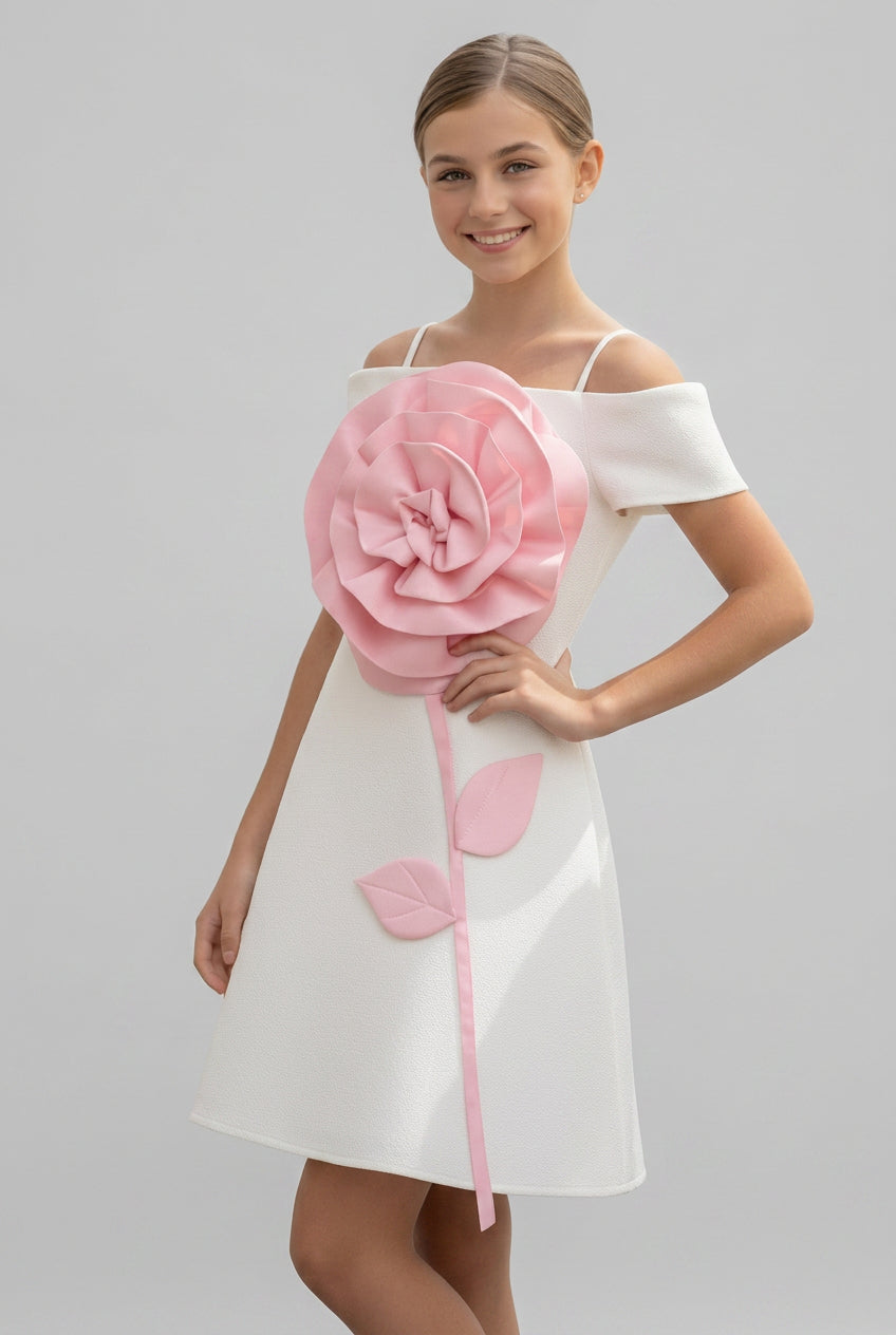 Girls Off-Shoulder Floral Appliqué Party Dress - Ivory