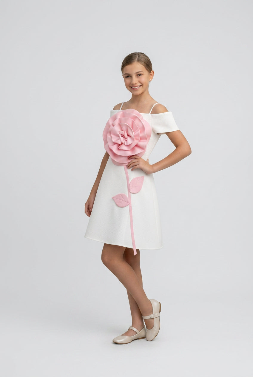 Girls Off-Shoulder Floral Appliqué Party Dress - Ivory Side Picture