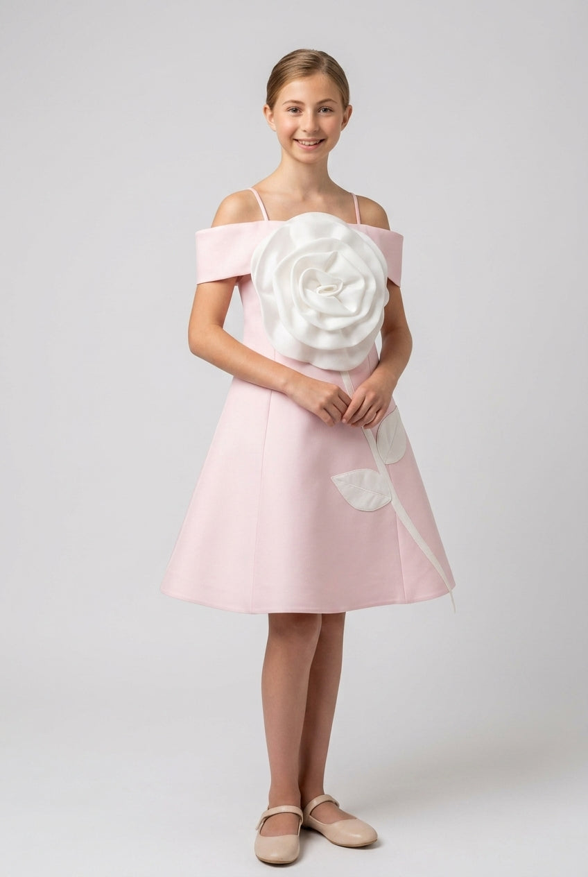 Girls Off-Shoulder Floral Appliqué Party Dress - Pink Front Picture