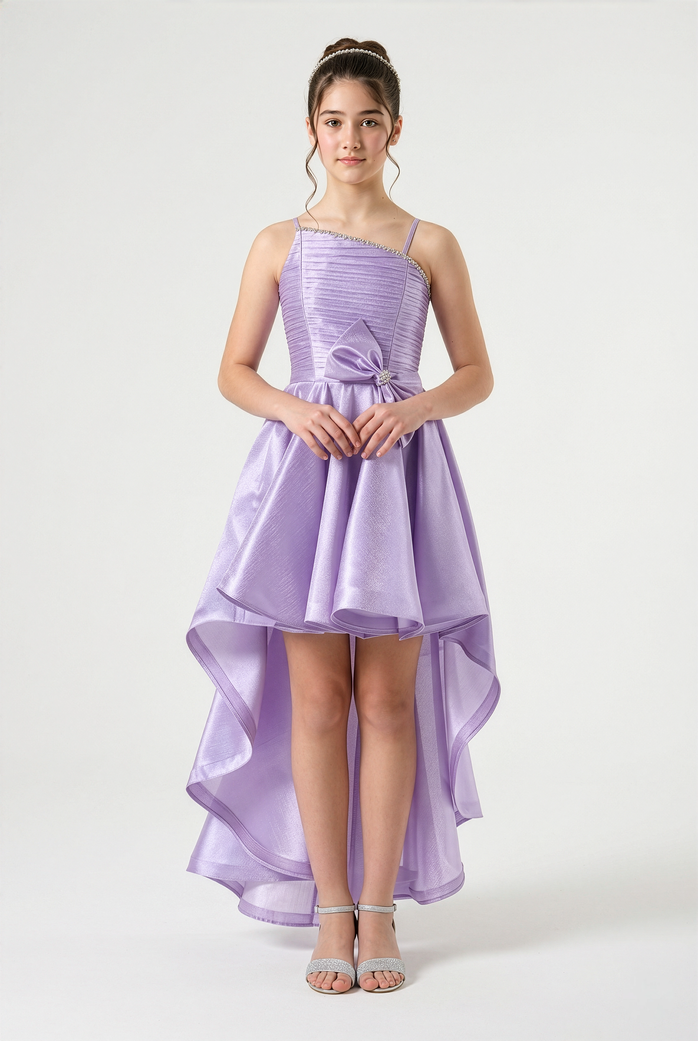 Girls One-Shoulder High-Low Party Dress with Bow - Lilac model picture