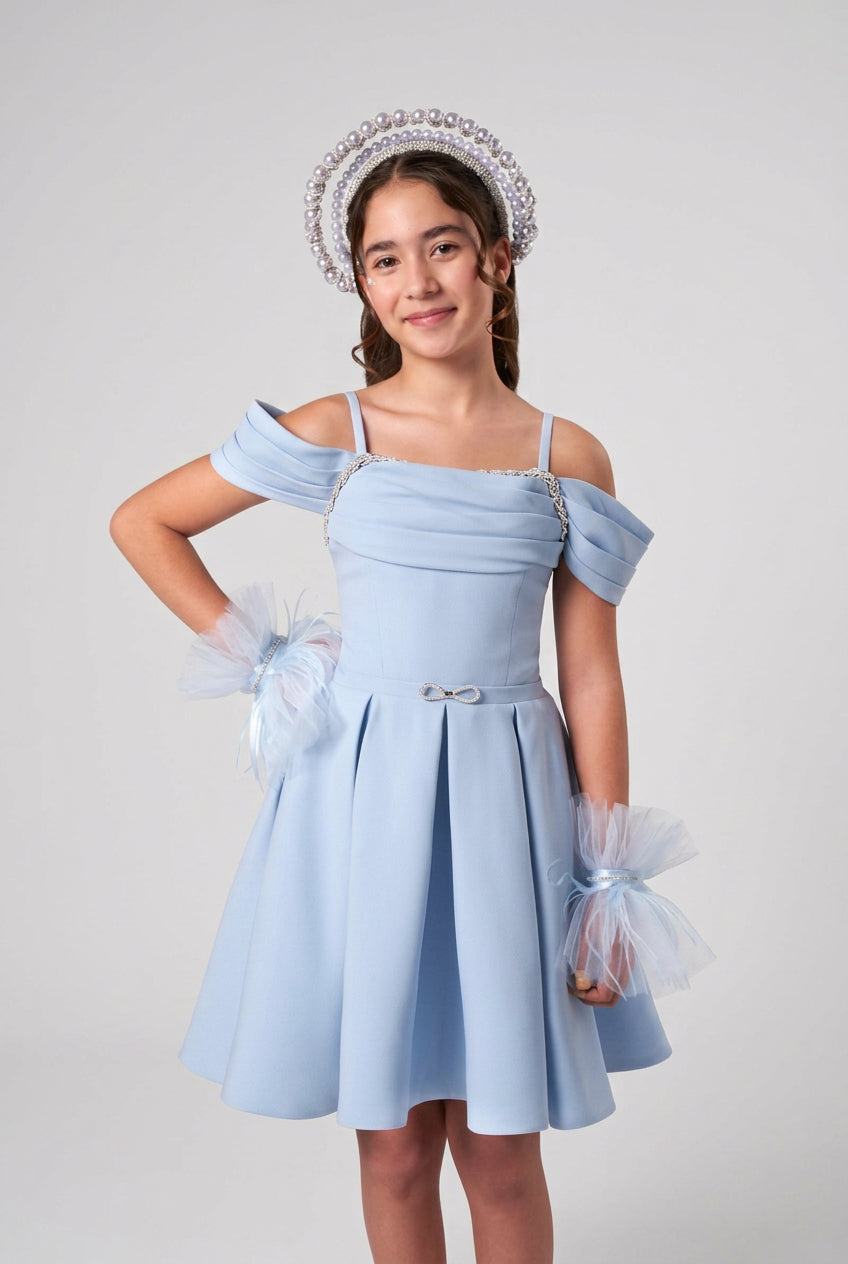 Girls Open Back Dress with Crystal Lace-Up Detail - Blue
