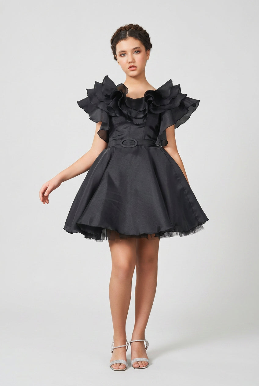 Girls Organza Dress with Tiered Ruffle Collar - Black