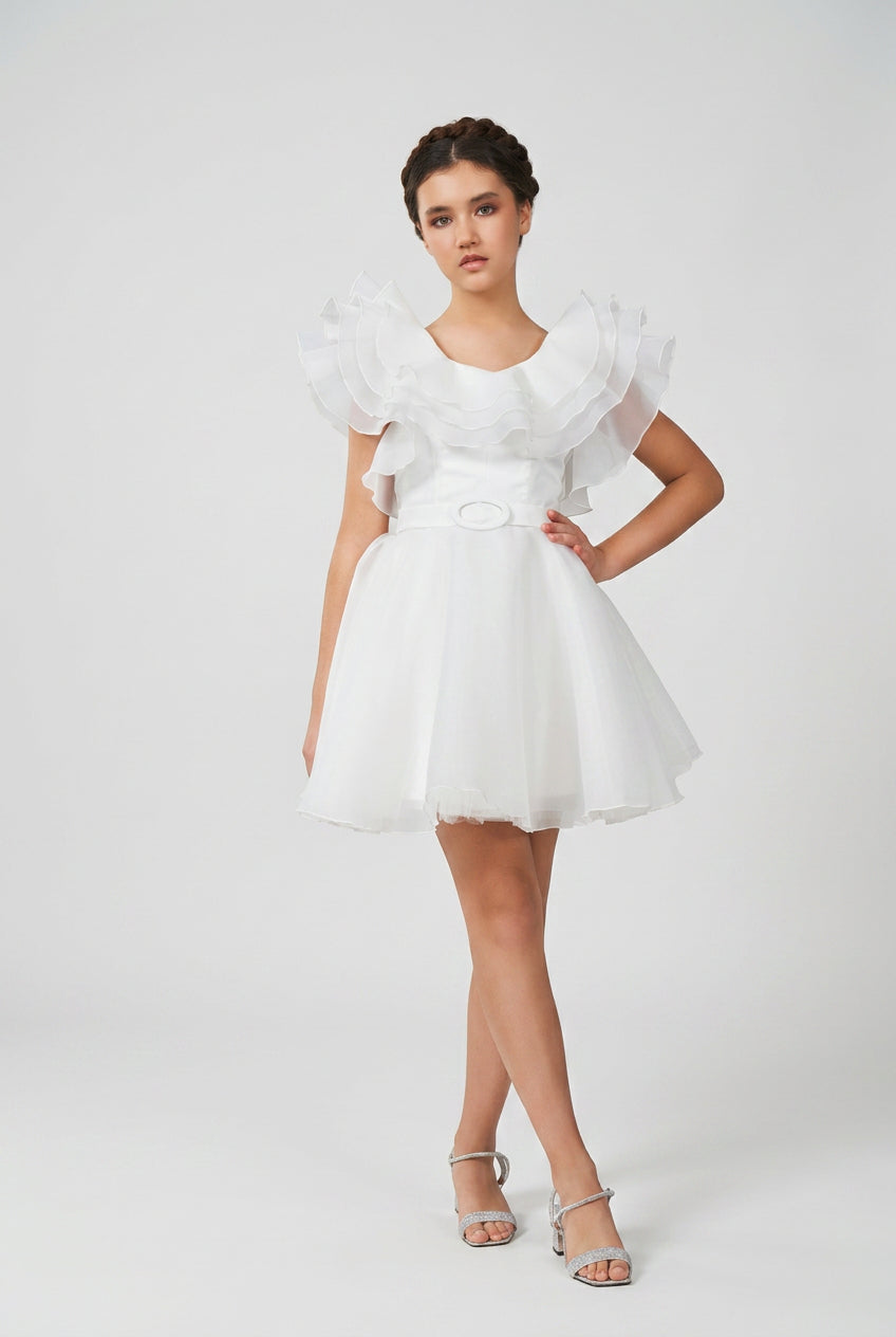 Girls Organza Dress with Tiered Ruffle Collar - White