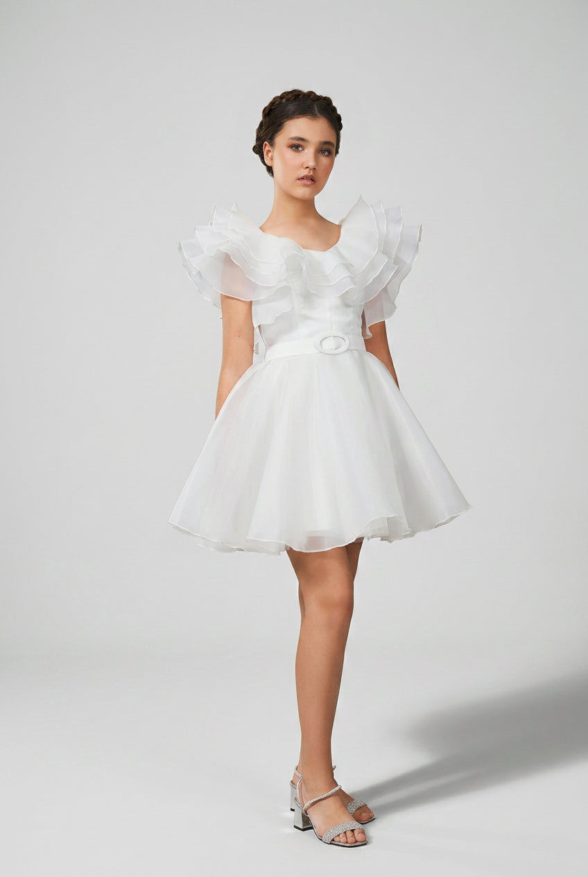 Girls Organza Dress with Tiered Ruffle Collar - White Model Picture