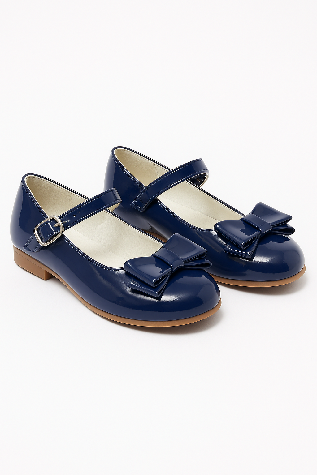 Girls Patent Mary Jane Shoes with Bow – LIYA - Navy Blue Pair Side Picture