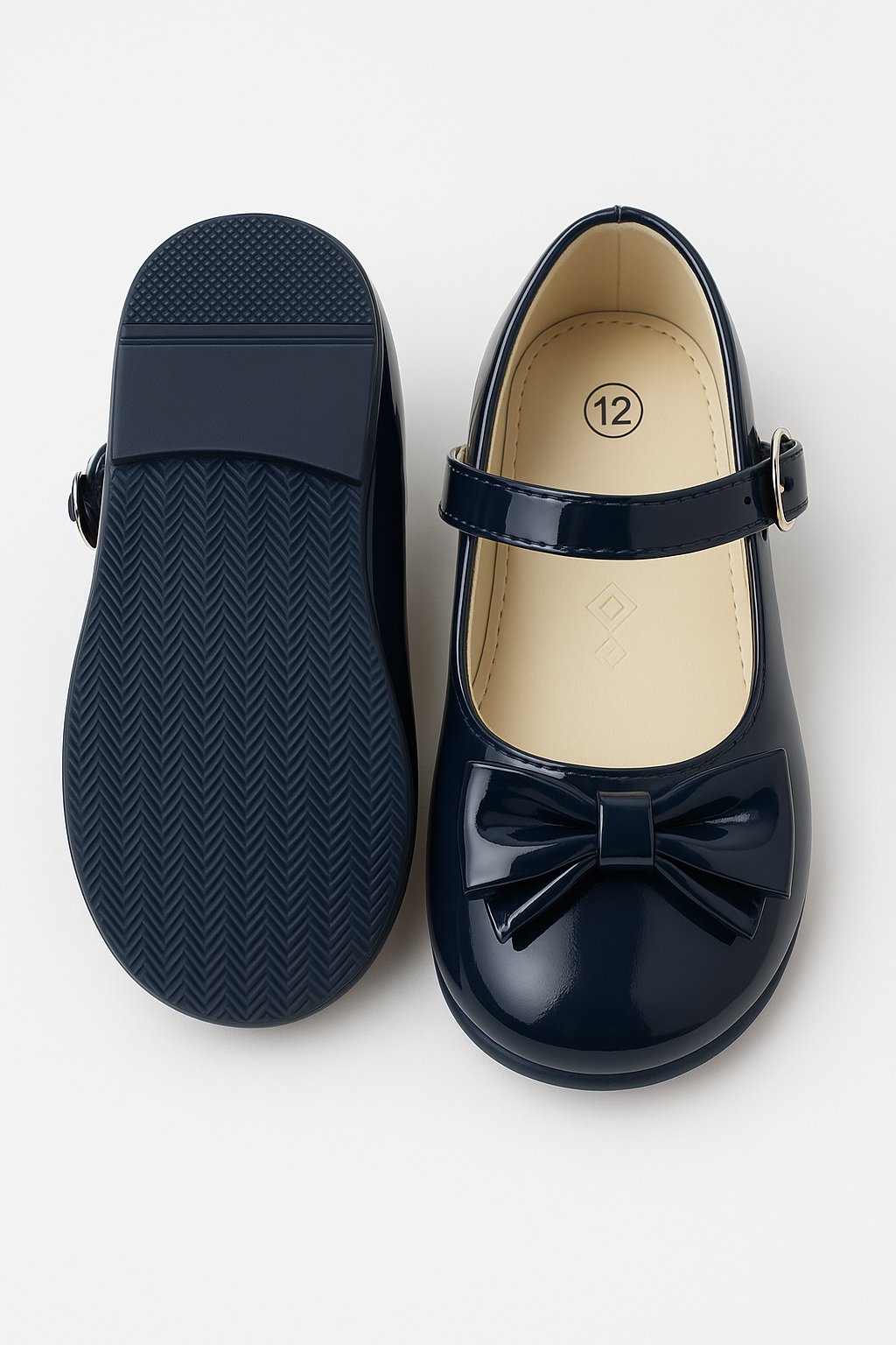 Girls Patent Mary Jane Shoes with Bow – LIYA - Navy Blue Front and Back Picture