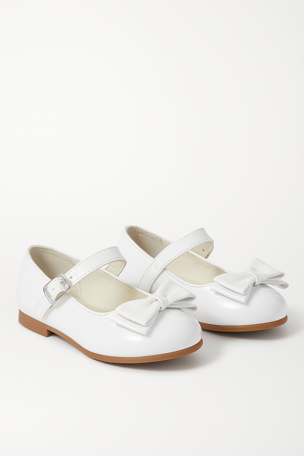 Girls Patent Mary Jane Shoes with Bow – LIYA - White Pair Side Picture