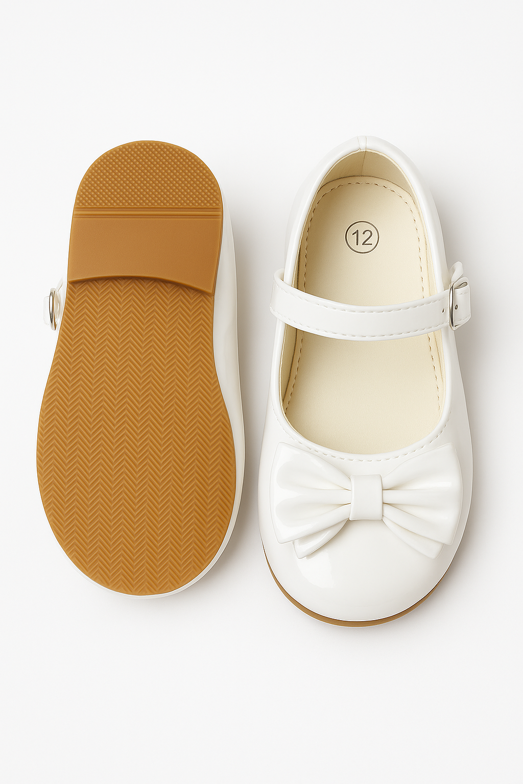 Girls Patent Mary Jane Shoes with Bow – LIYA - White Front and Back Picture