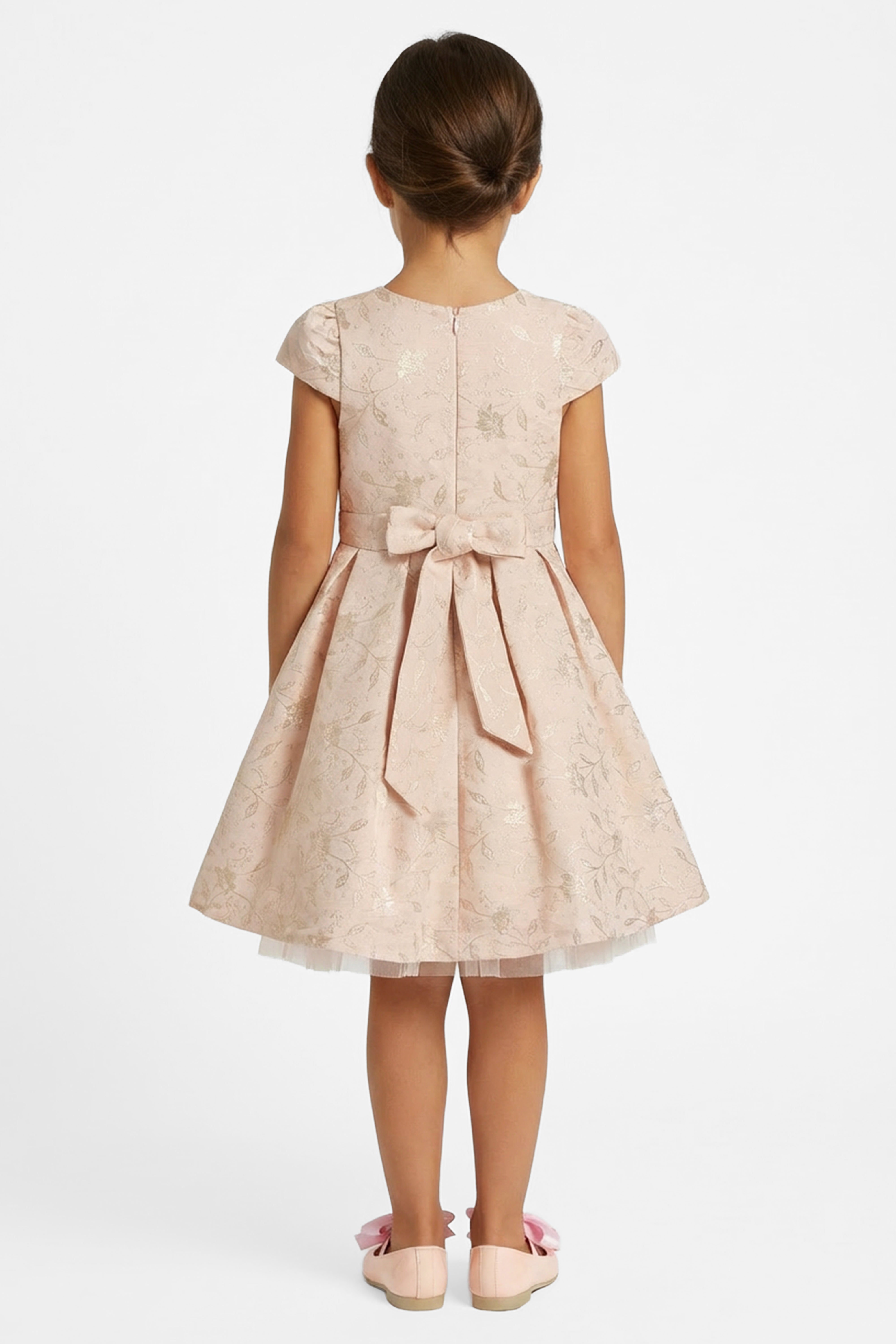 Girls Peach Floral Jacquard Dress