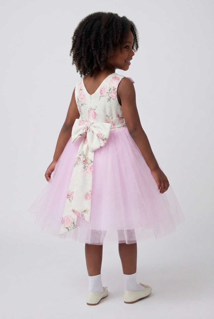 Vestido floral rosa para niñas con falda de tul y lazo trasero