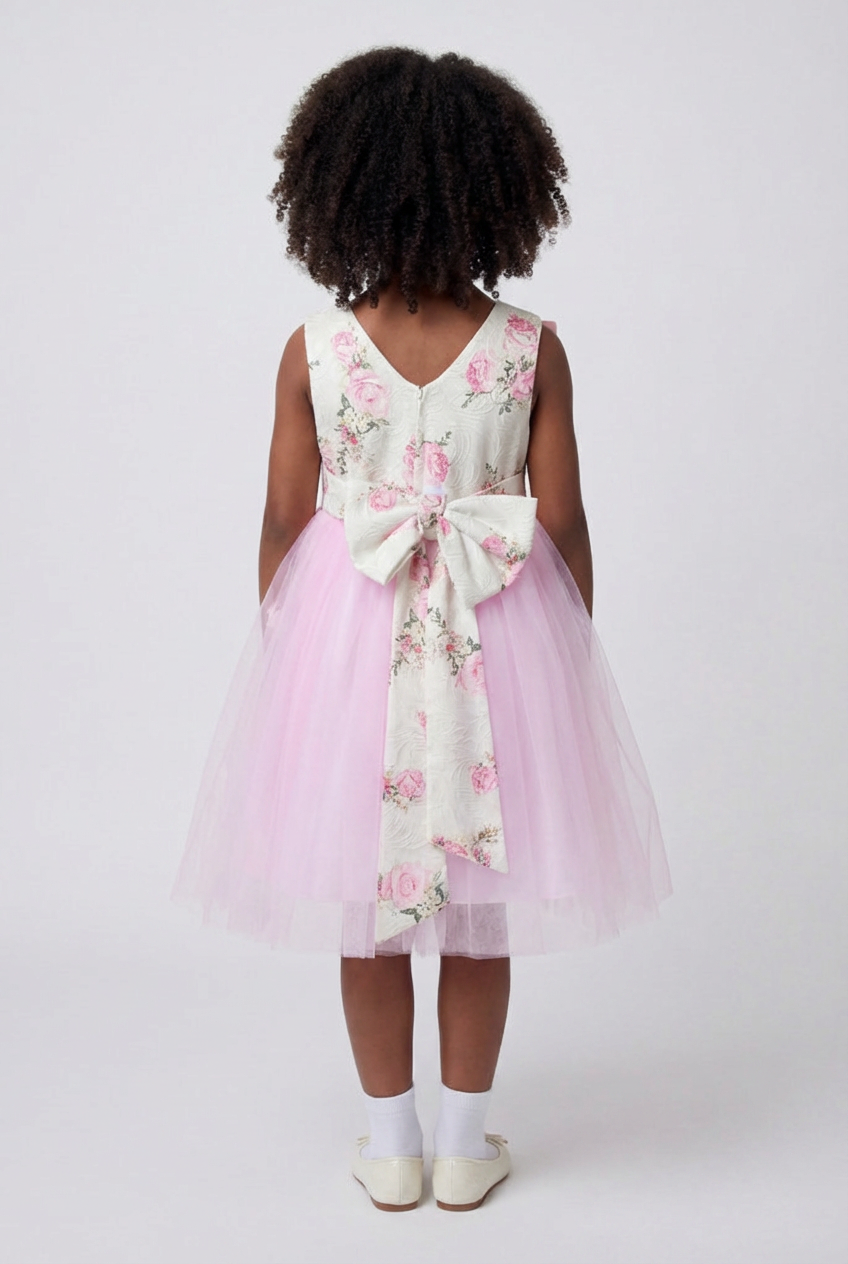 Vestido floral rosa para niñas con falda de tul y lazo trasero