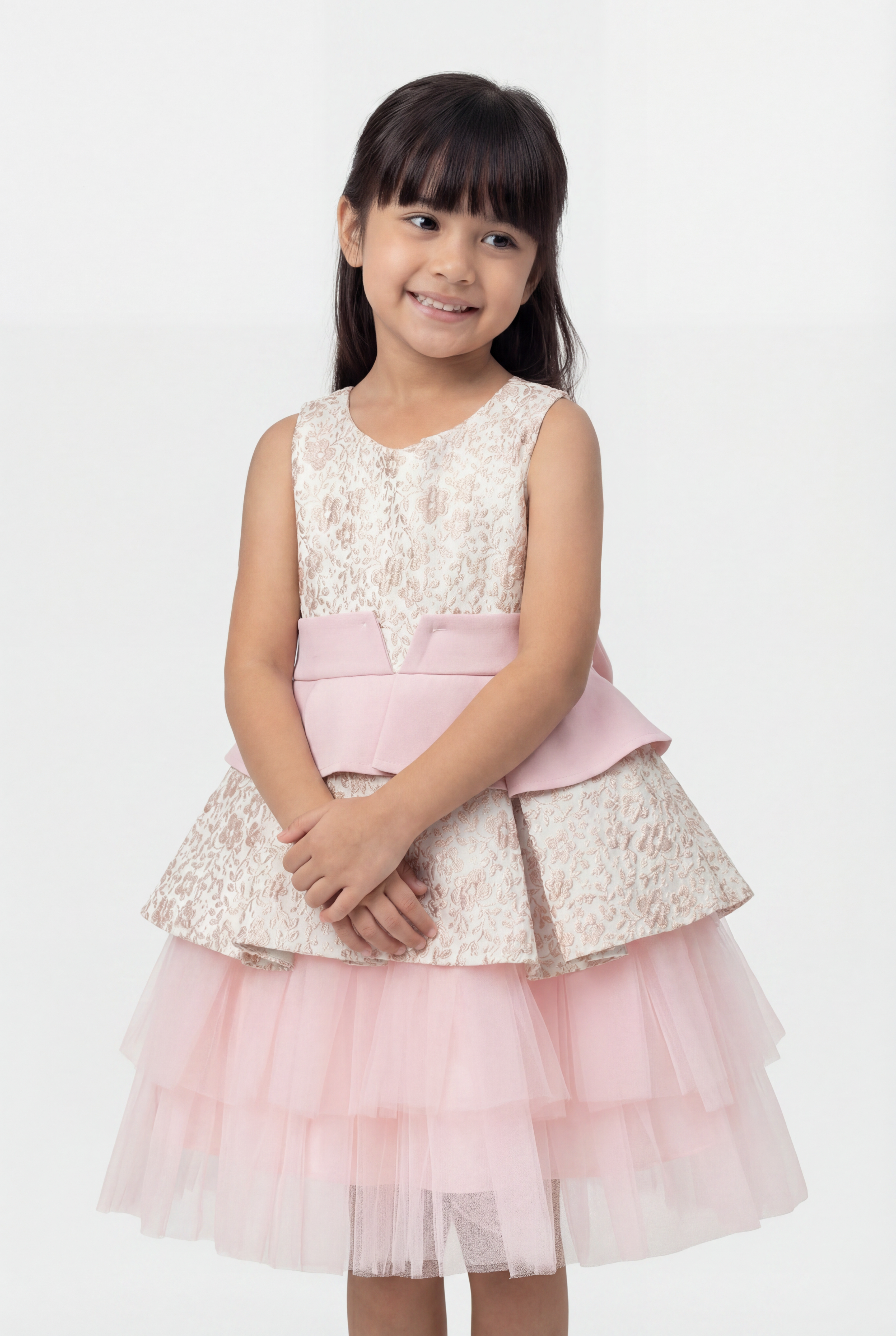 Vestito floreale jacquard Rosa da ragazza con fiocco staccabile