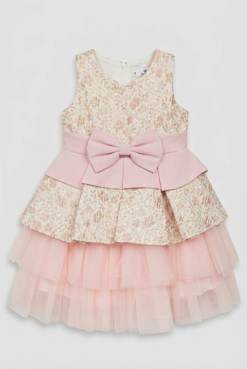 Vestito floreale jacquard Rosa da ragazza con fiocco staccabile