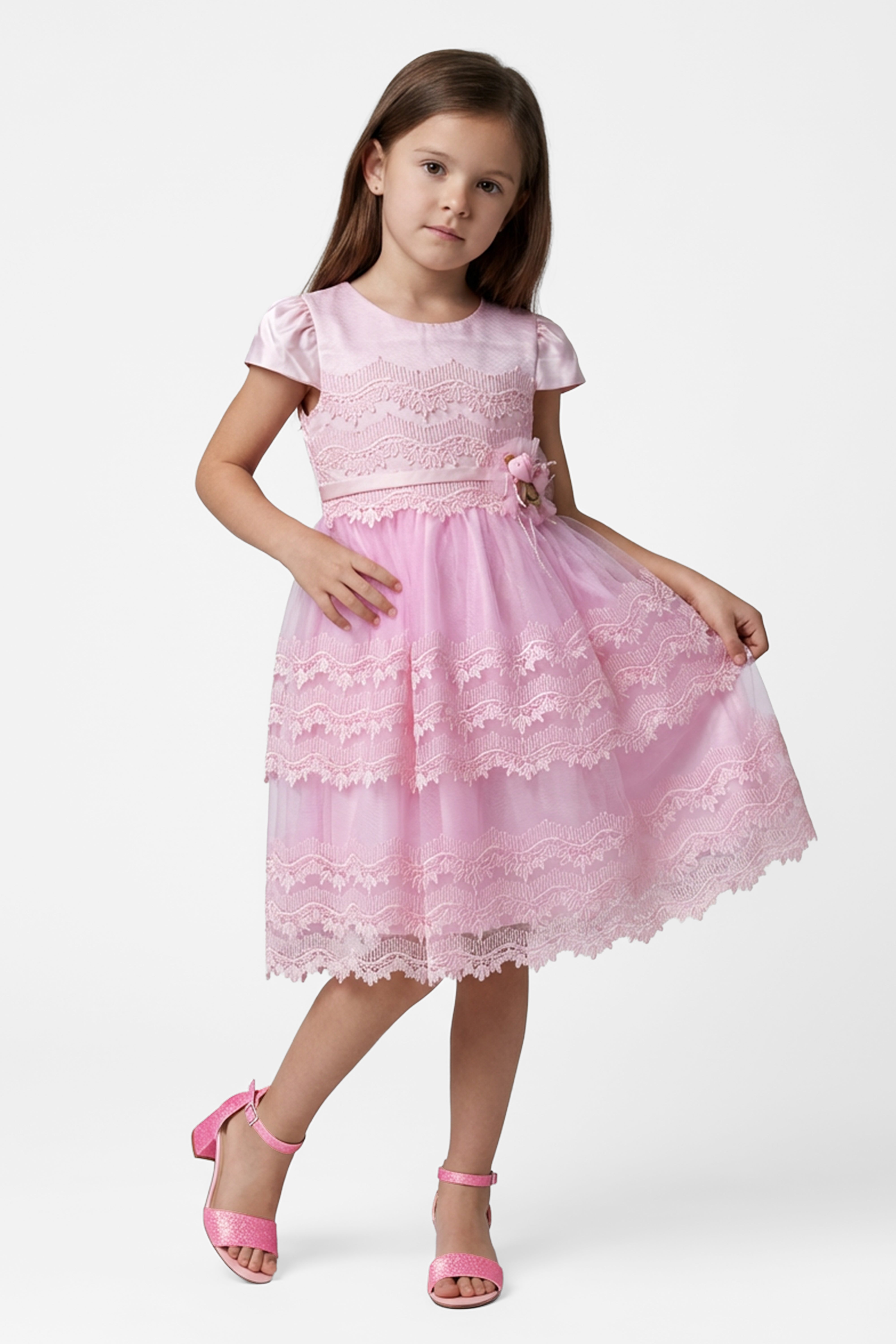 Girls Pink Lace Tulle Dress Front Picture