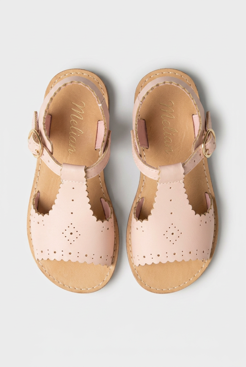 Sandalias de cuero Rosa para niñas con tira en T – Sandalias de verano estilo español con borde festoneado