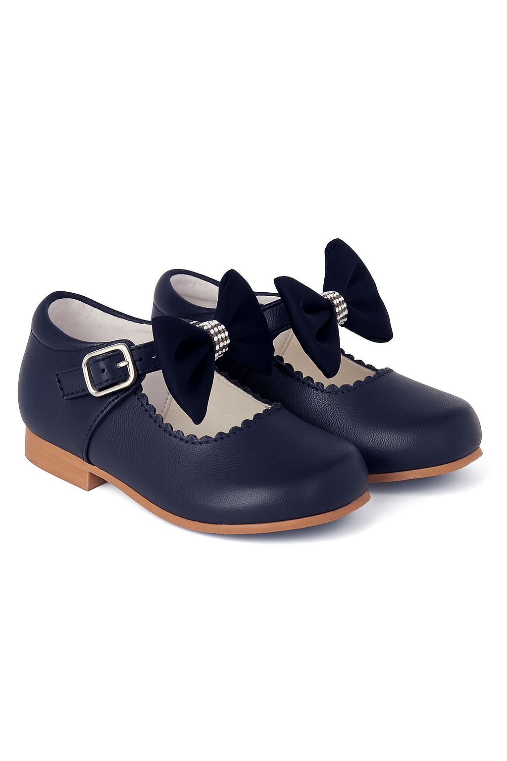 Girls Rhinestone Mary Jane Shoes with Bow – ZURI - Navy Blue Pair Side Picture