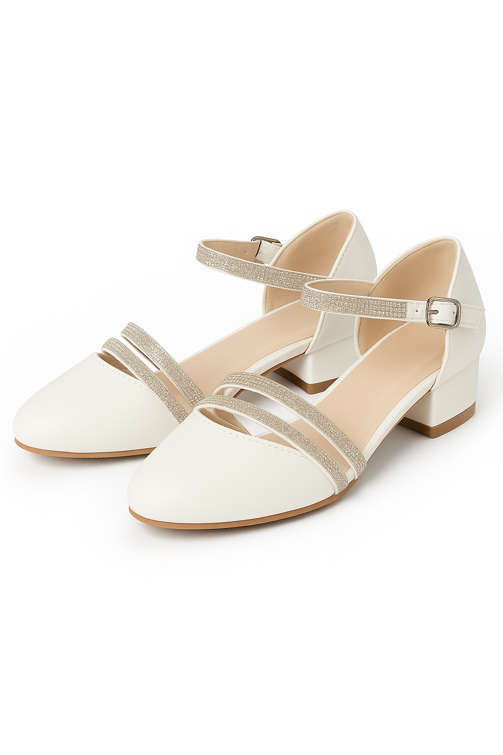Girls Rhinestone Straps Low Heel Shoes – DREAM - Ivory Pair Side Picture