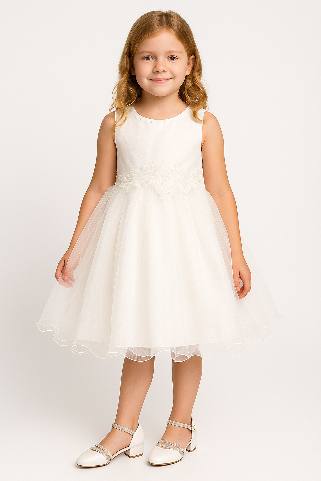 Girls Rhinestone Straps Low Heel Shoes – DREAM - White Model Picture