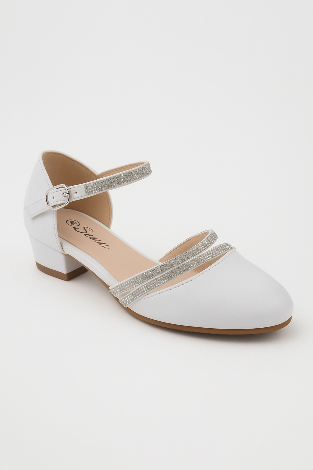 Girls Rhinestone Straps Low Heel Shoes – DREAM - White Side Picture