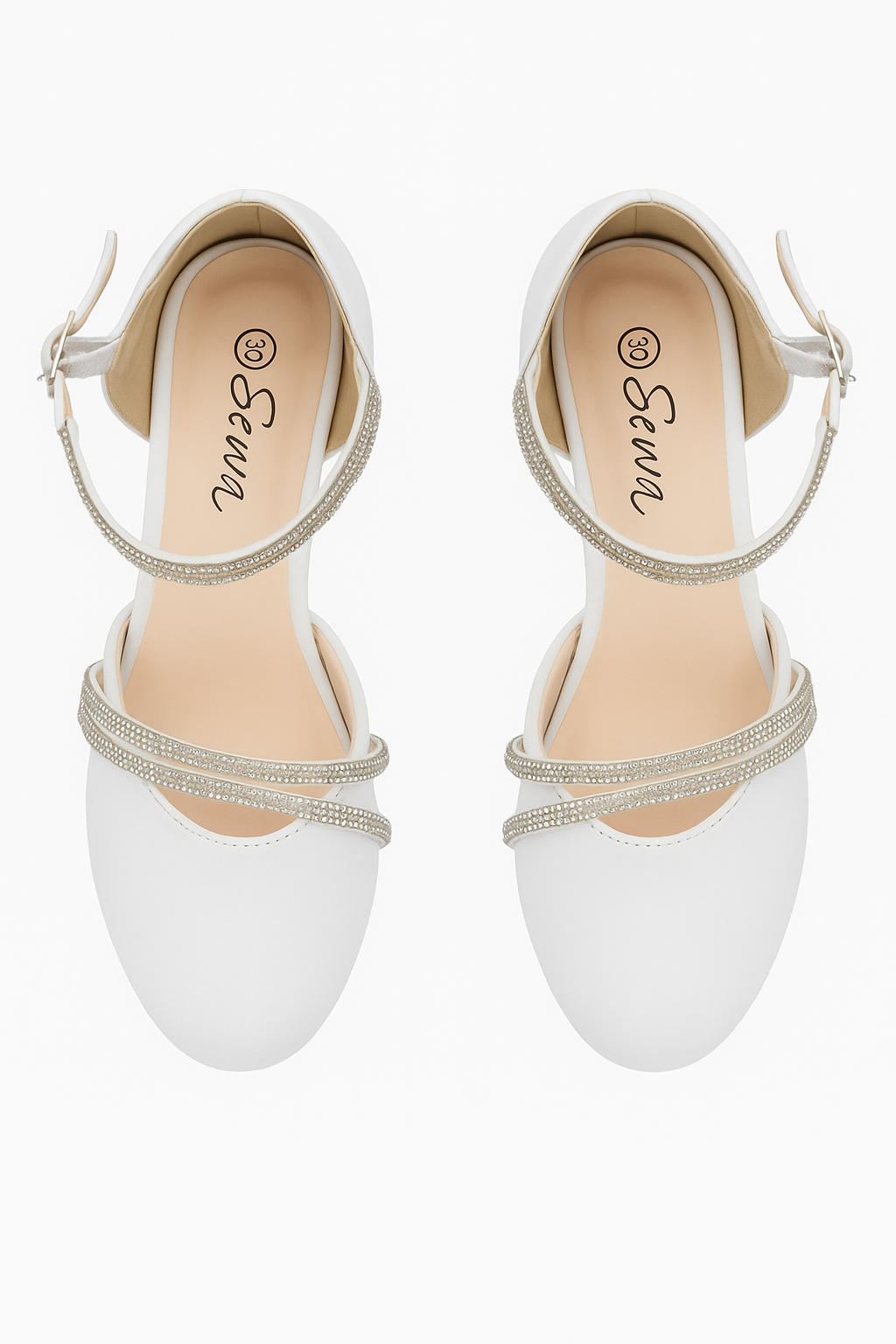 Girls Rhinestone Straps Low Heel Shoes – DREAM - White Front Picture