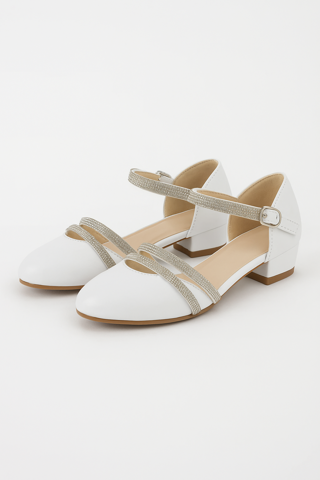 Girls Rhinestone Straps Low Heel Shoes – DREAM - White Pair Side Picture