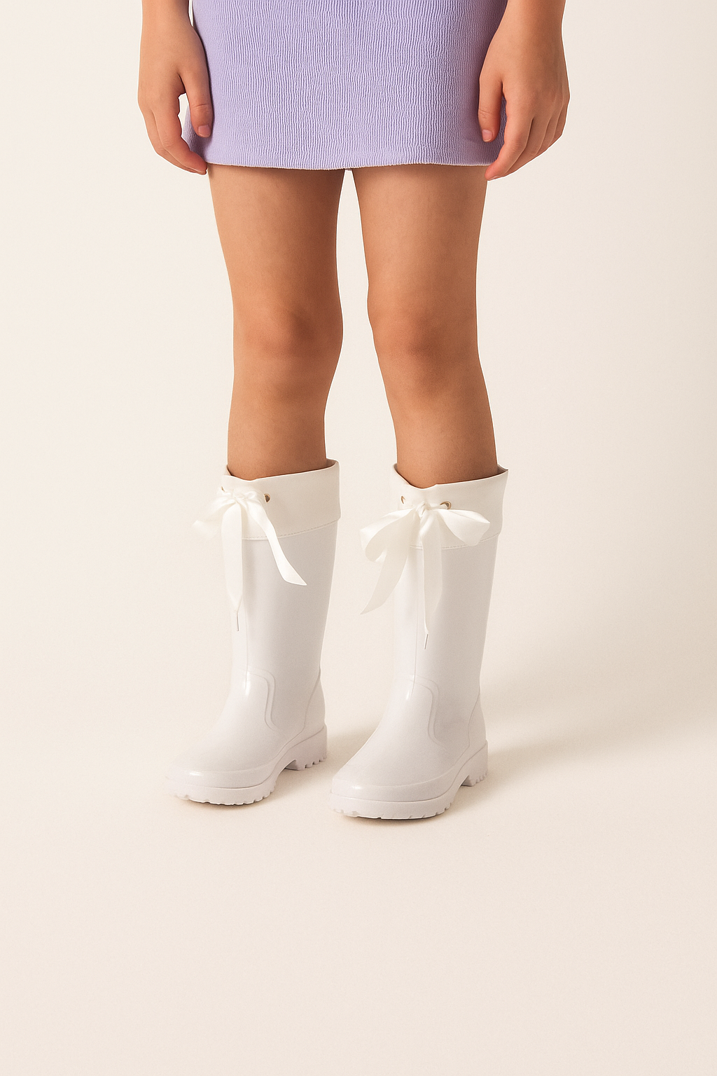 Girls Ribbon Wellington Boots, Waterproof Wellies - DALLAS - White Model Picture