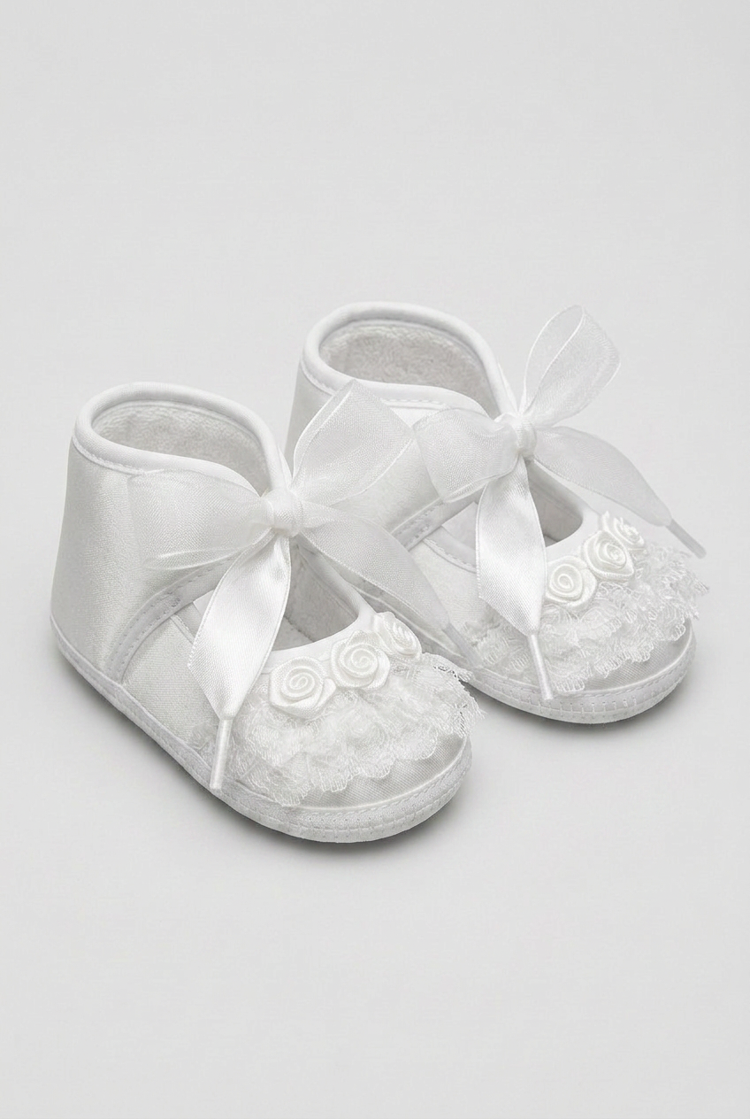 Girls Satin Lace Rose Pram Shoes - White
